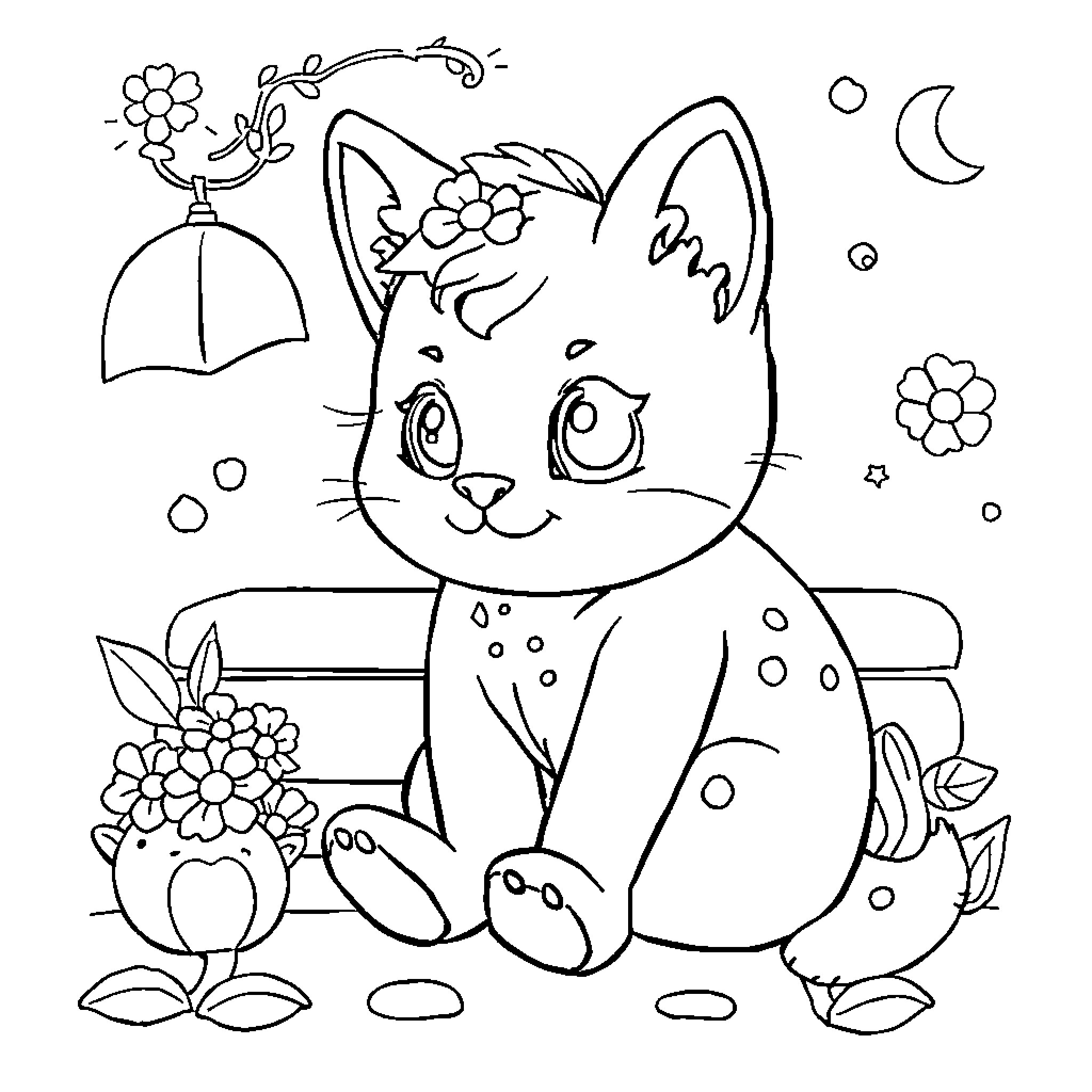 Cat enjoying flowers and nature Coloring Page (free black-and-white line drawing printable PDF for all, from beginners to advanced learners, including children, teens, adults, and seniors)