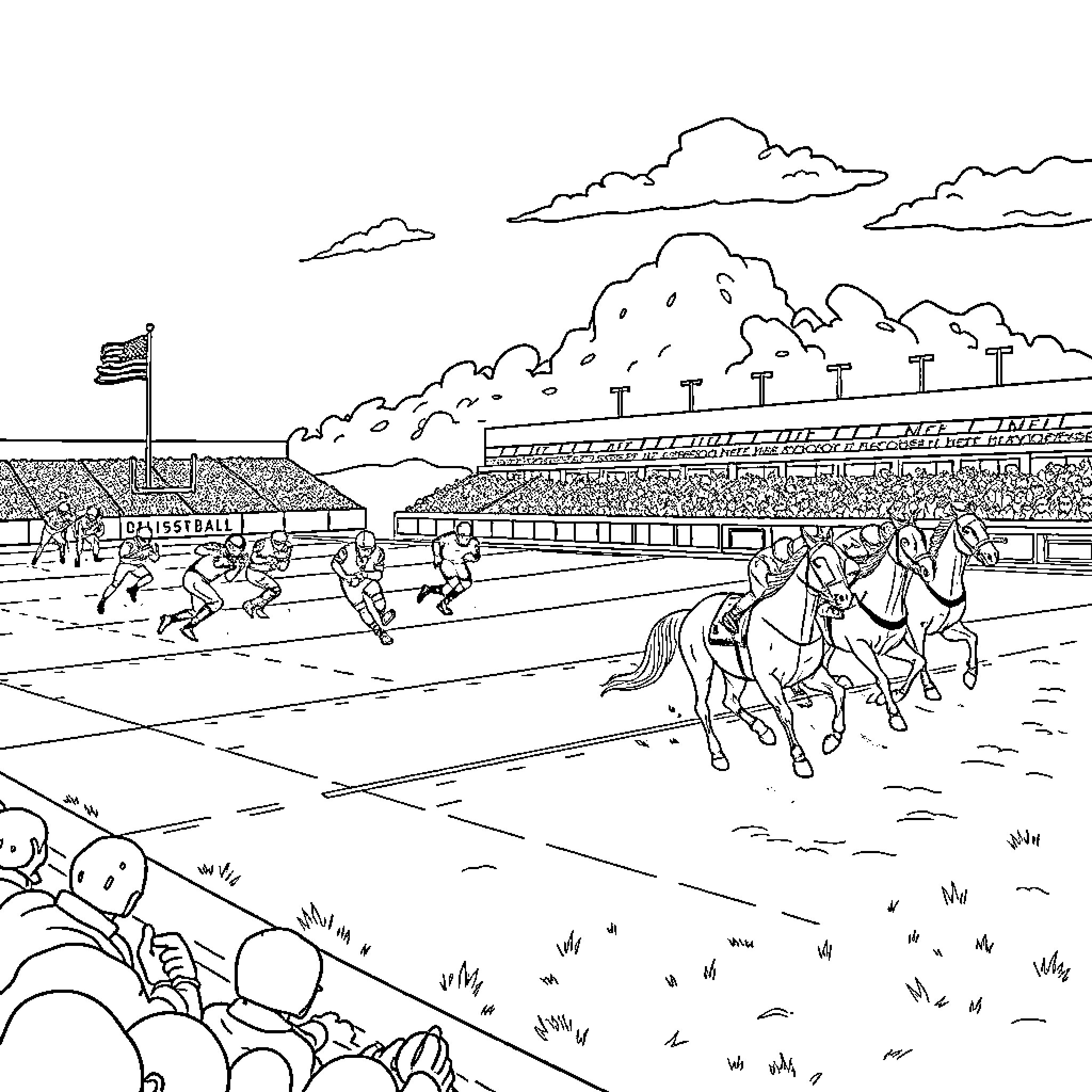 NFL Players in Intense Sports Competition on Stadium Field Coloring Page (free black-and-white line drawing printable PDF for all, from beginners to advanced learners, including children, teens, adults, and seniors)