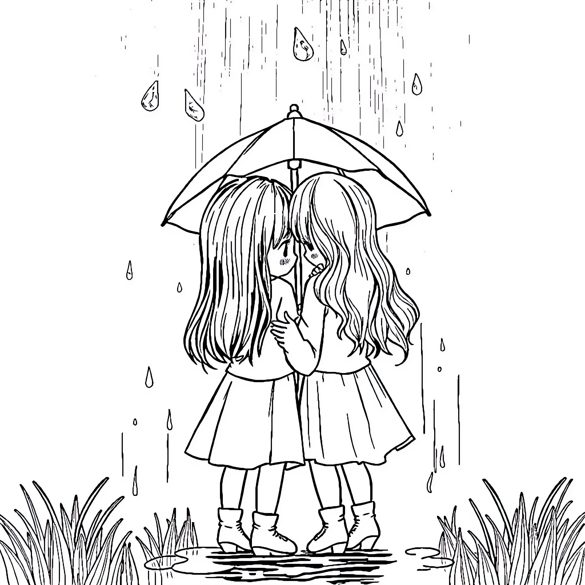 Filles sheltered under umbrella in the rain Coloring Page (free black-and-white line drawing printable PDF for all, from beginners to advanced learners, including children, teens, adults, and seniors)