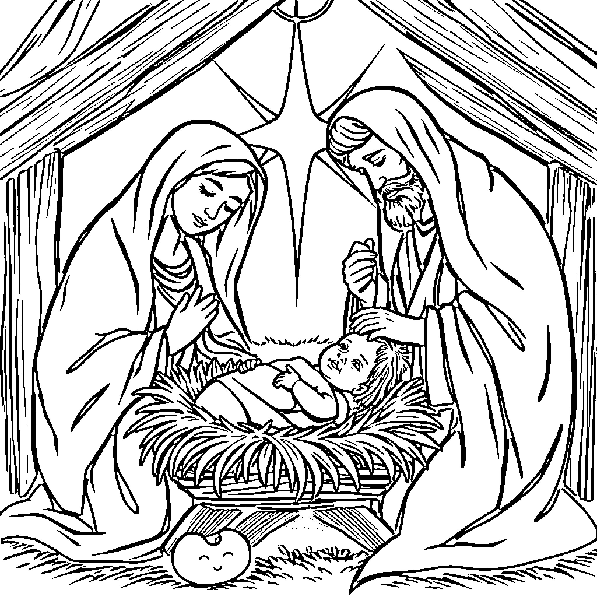 Baby Jesus' Humble Birth in the Manger Coloring Page (free black-and-white line drawing printable PDF for all, from beginners to advanced learners, including children, teens, adults, and seniors)
