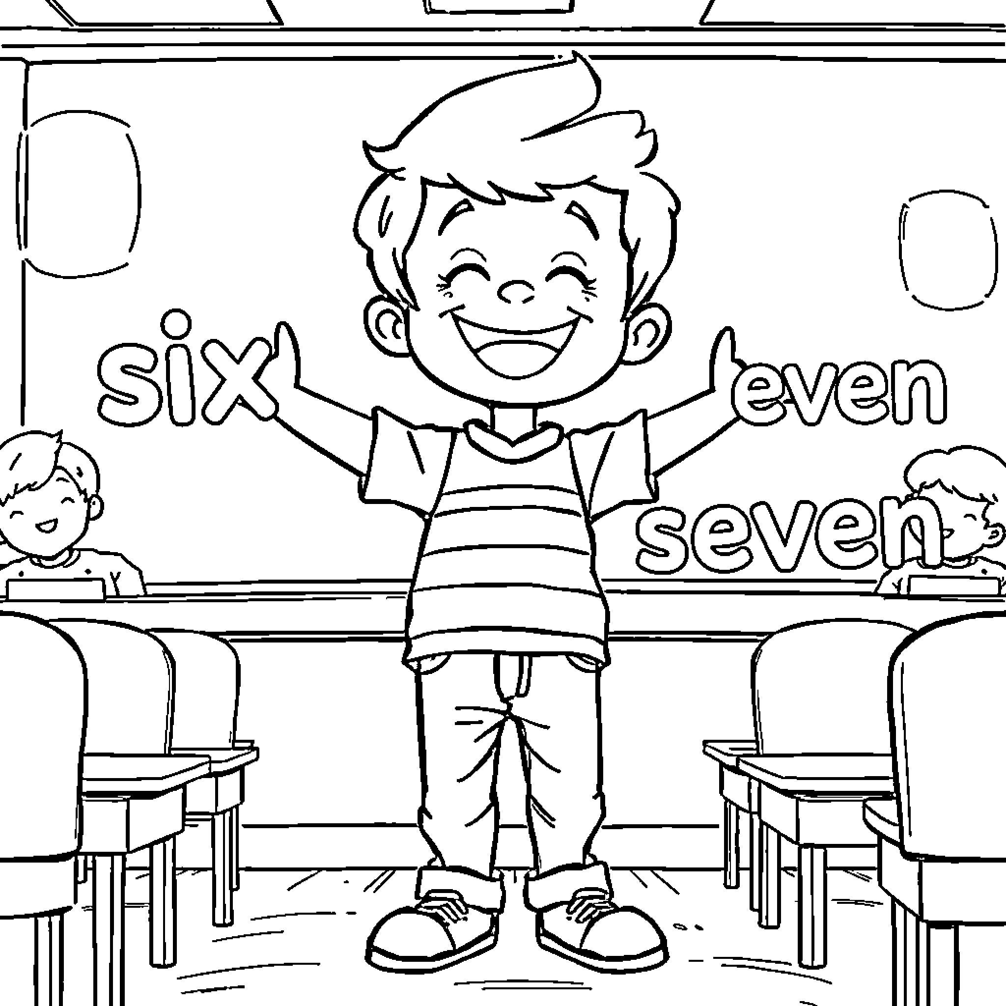 Kid happily learning math in the classroom Coloring Page (free black-and-white line drawing printable PDF for all, from beginners to advanced learners, including children, teens, adults, and seniors)