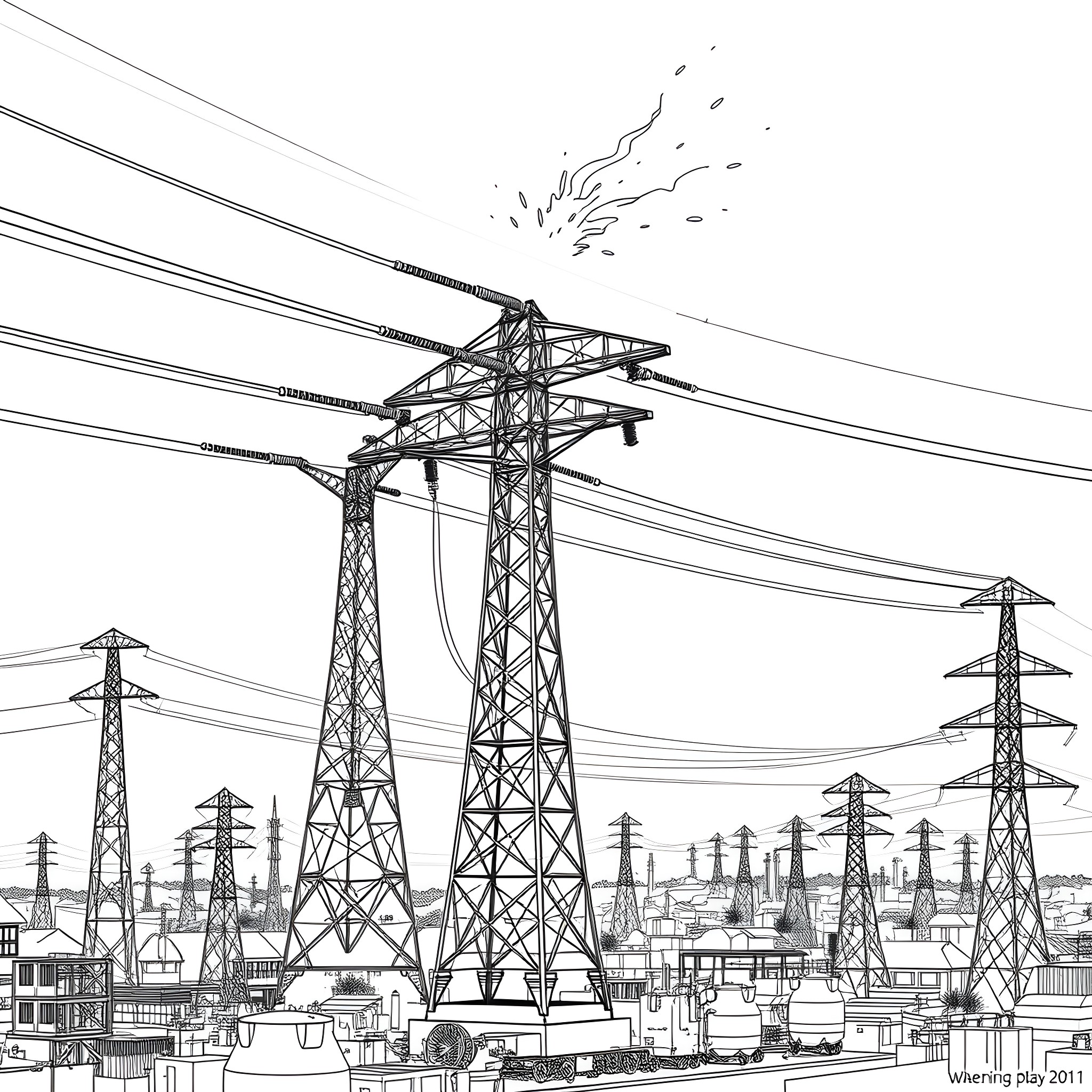 Transformer power transmission towers in industrial landscape Coloring Page (free black-and-white line drawing printable PDF for all, from beginners to advanced learners, including children, teens, adults, and seniors)