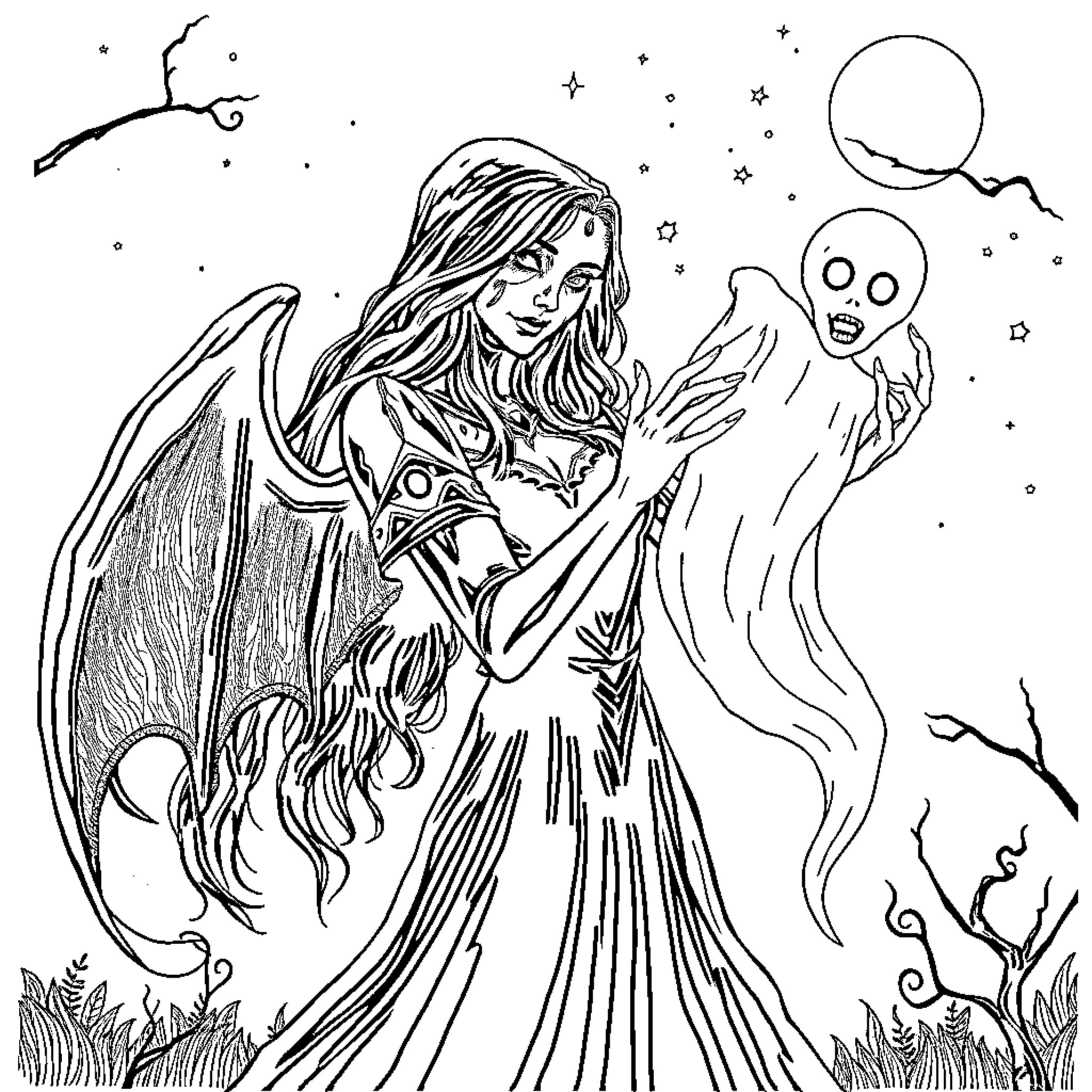 Witch summoning ghostly spirits in the moonlight Coloring Page (free black-and-white line drawing printable PDF for all, from beginners to advanced learners, including children, teens, adults, and seniors)