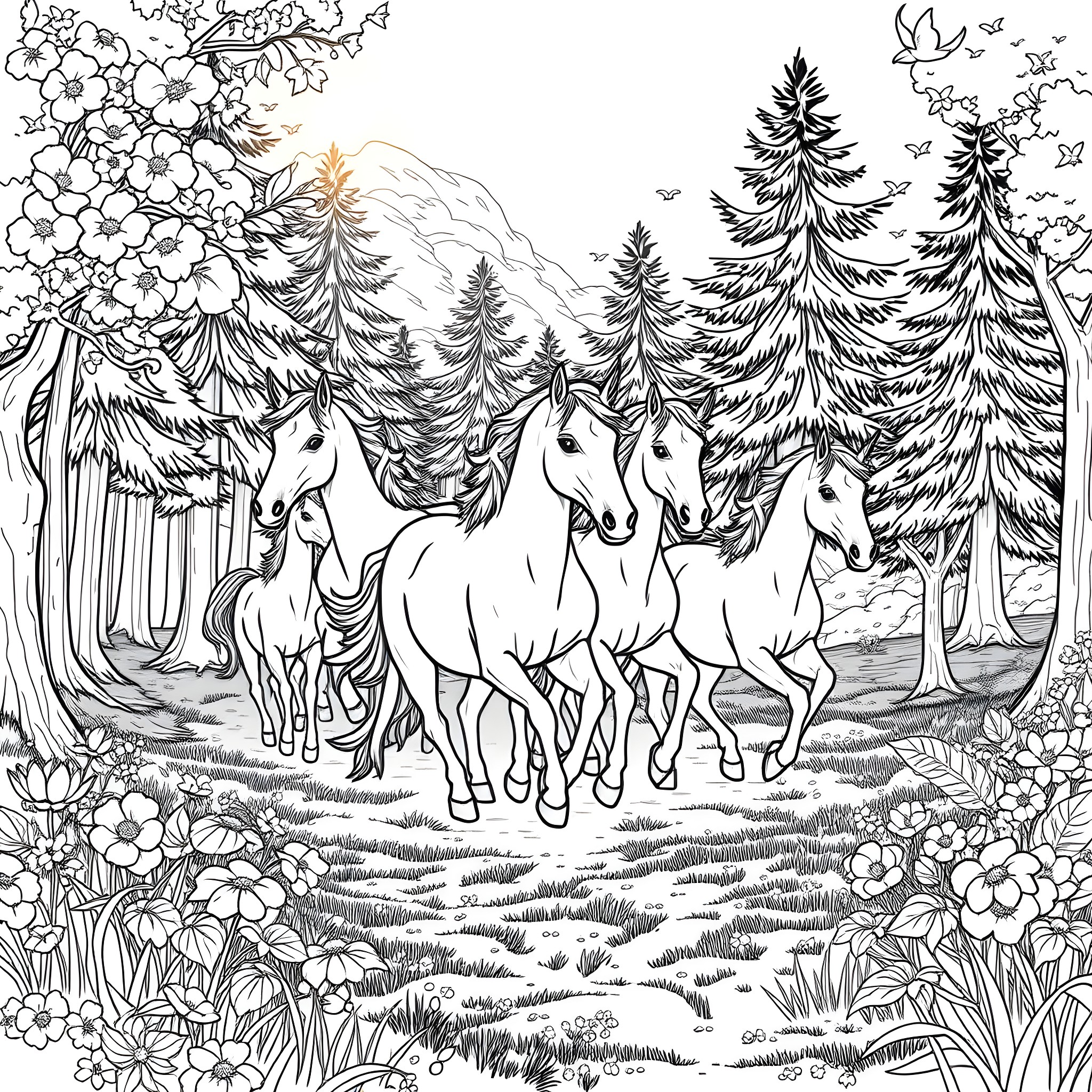Unicorn herd galloping through the enchanted forest Coloring Page (free black-and-white line drawing printable PDF for all, from beginners to advanced learners, including children, teens, adults, and seniors)