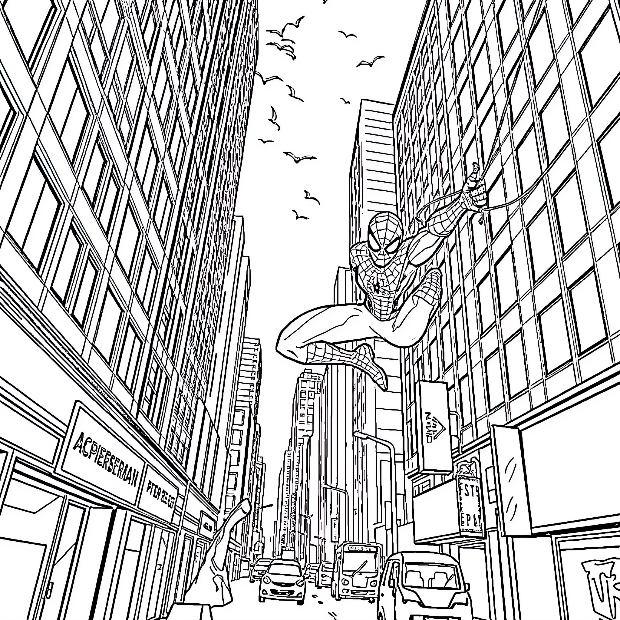 Spiderman swinging through the bustling city streets Coloring Page (free black-and-white line drawing printable PDF for all, from beginners to advanced learners, including children, teens, adults, and seniors)