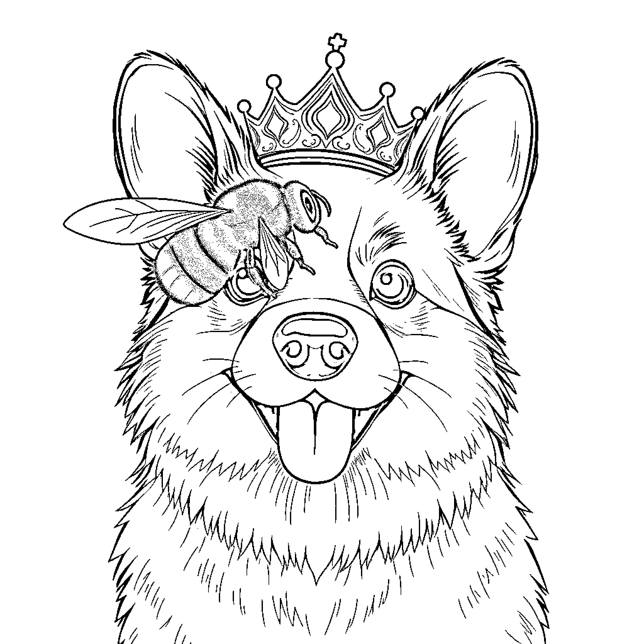 Bee-adorned Corgi with a Crown Coloring Page (free black-and-white line drawing printable PDF for all, from beginners to advanced learners, including children, teens, adults, and seniors)