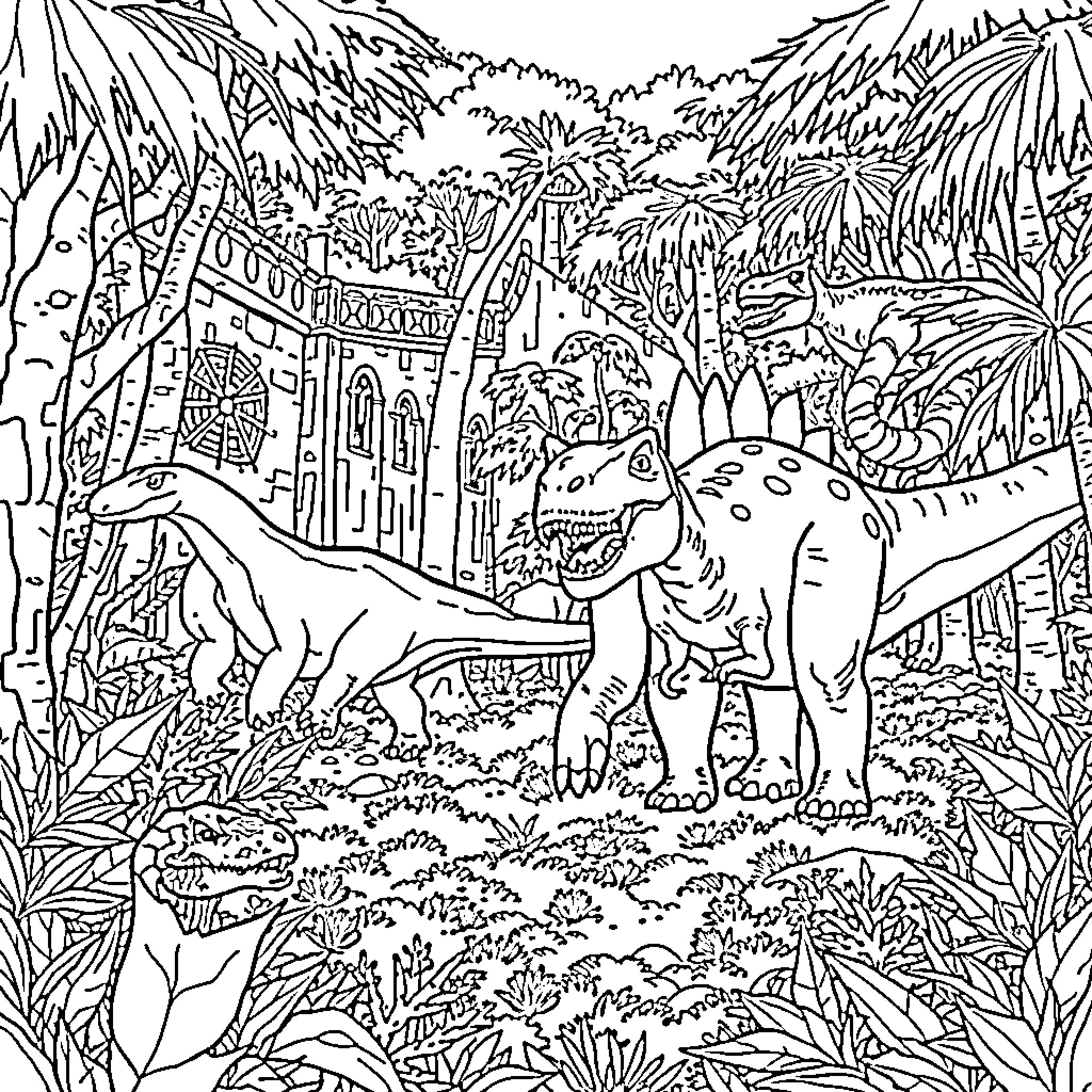 Dinosaurs exploring the lush jungle landscape Coloring Page (free black-and-white line drawing printable PDF for all, from beginners to advanced learners, including children, teens, adults, and seniors)