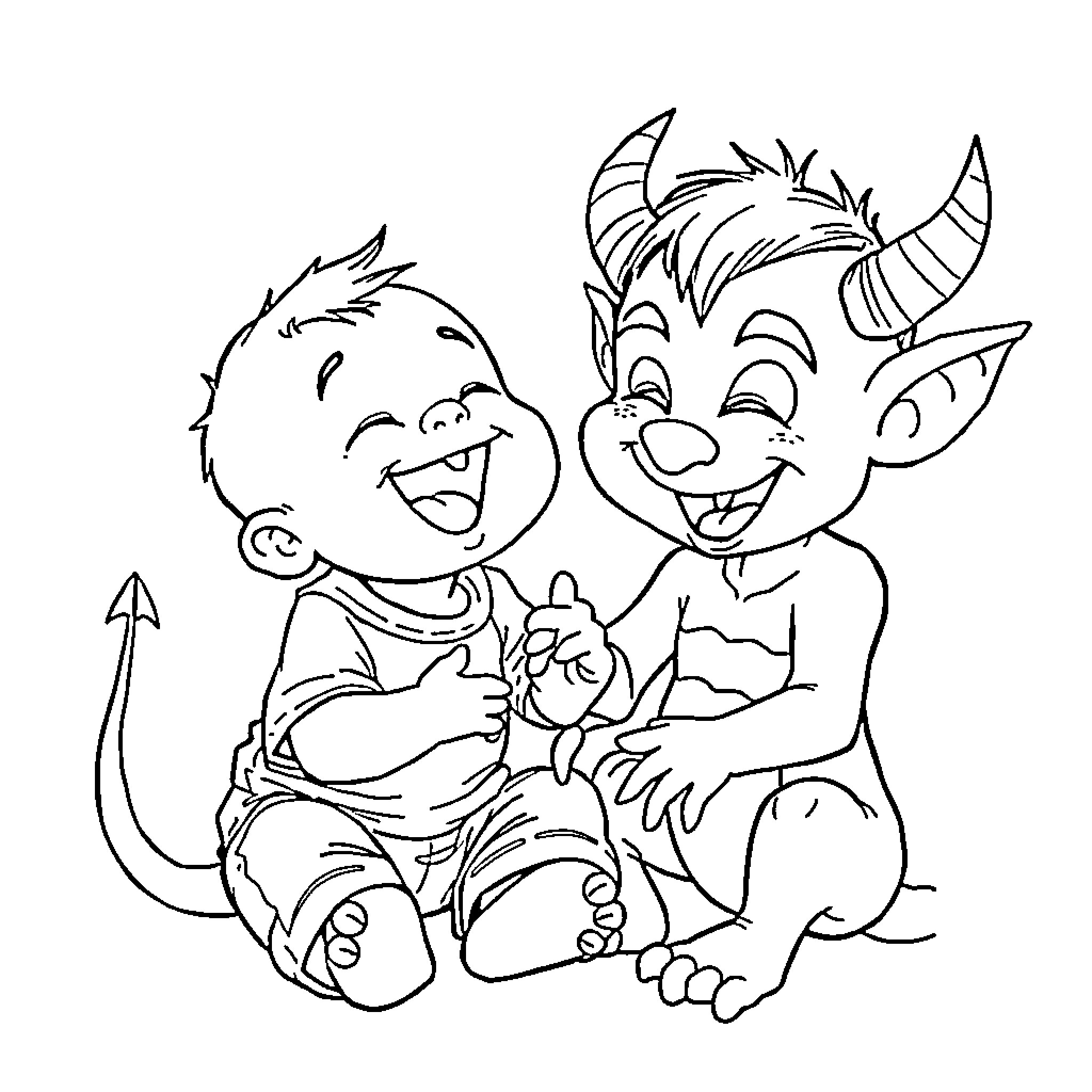 Boy and Playful Demon Friend Coloring Page (free black-and-white line drawing printable PDF for all, from beginners to advanced learners, including children, teens, adults, and seniors)