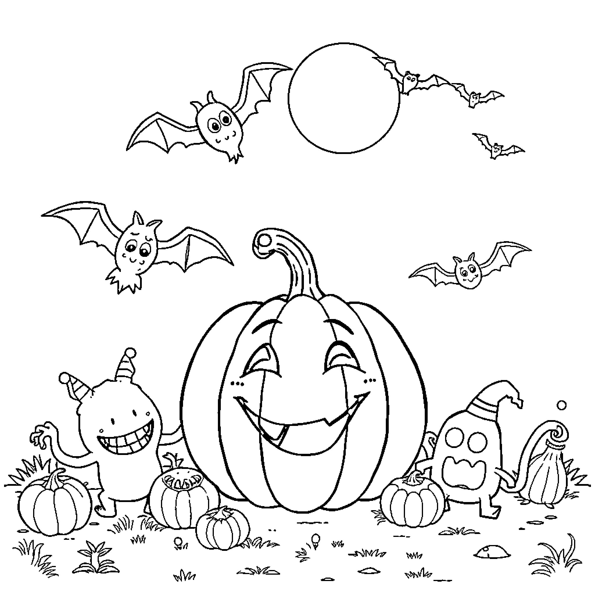 Pumpkin and Bats Enjoying Halloween Festivities Coloring Page (free black-and-white line drawing printable PDF for all, from beginners to advanced learners, including children, teens, adults, and seniors)