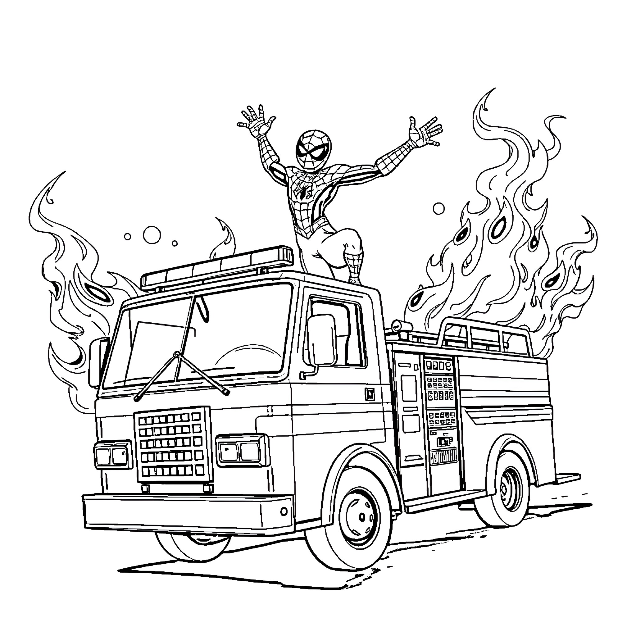 Spider-Man heroically leaps from a fire truck Coloring Page (free black-and-white line drawing printable PDF for all, from beginners to advanced learners, including children, teens, adults, and seniors)