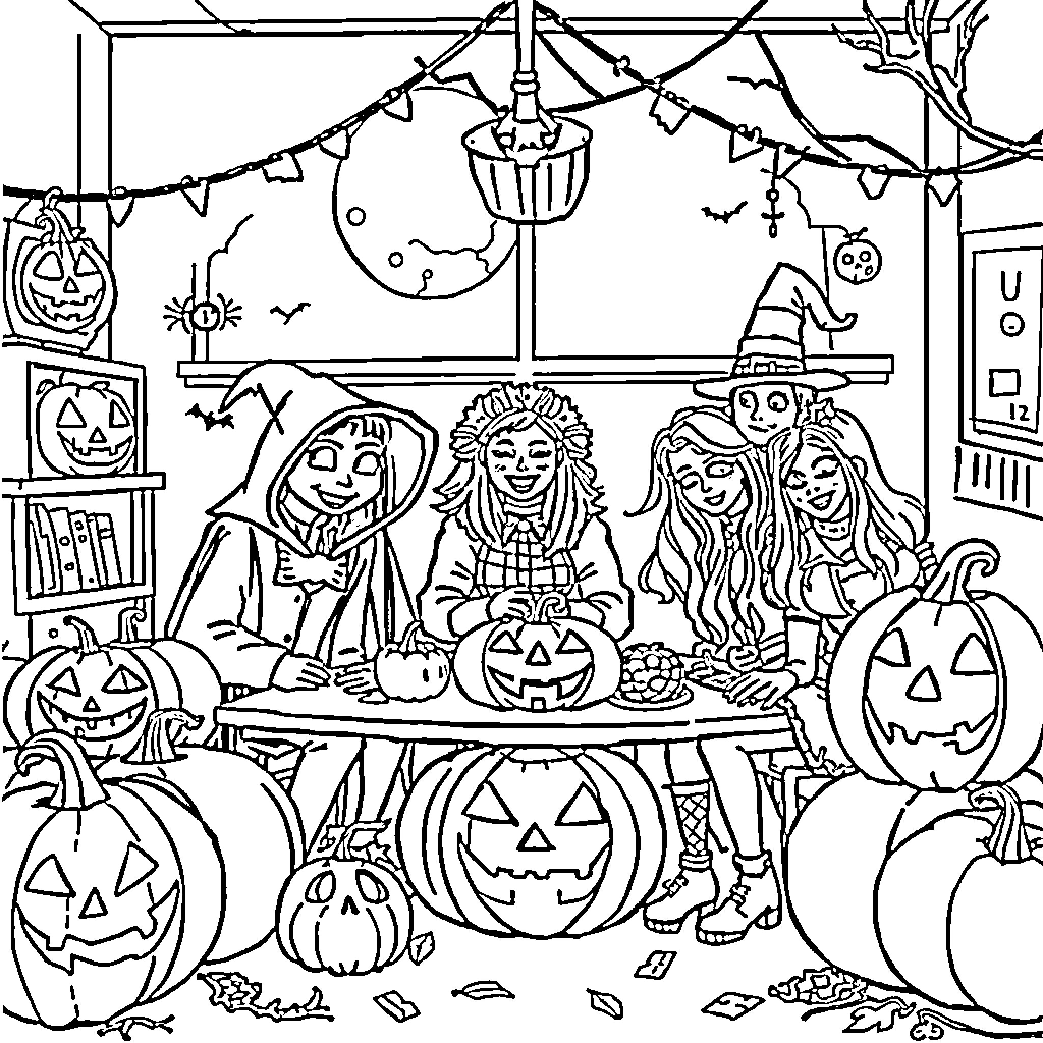 Halloween costumes and decorations in a festive room Coloring Page (free black-and-white line drawing printable PDF for all, from beginners to advanced learners, including children, teens, adults, and seniors)