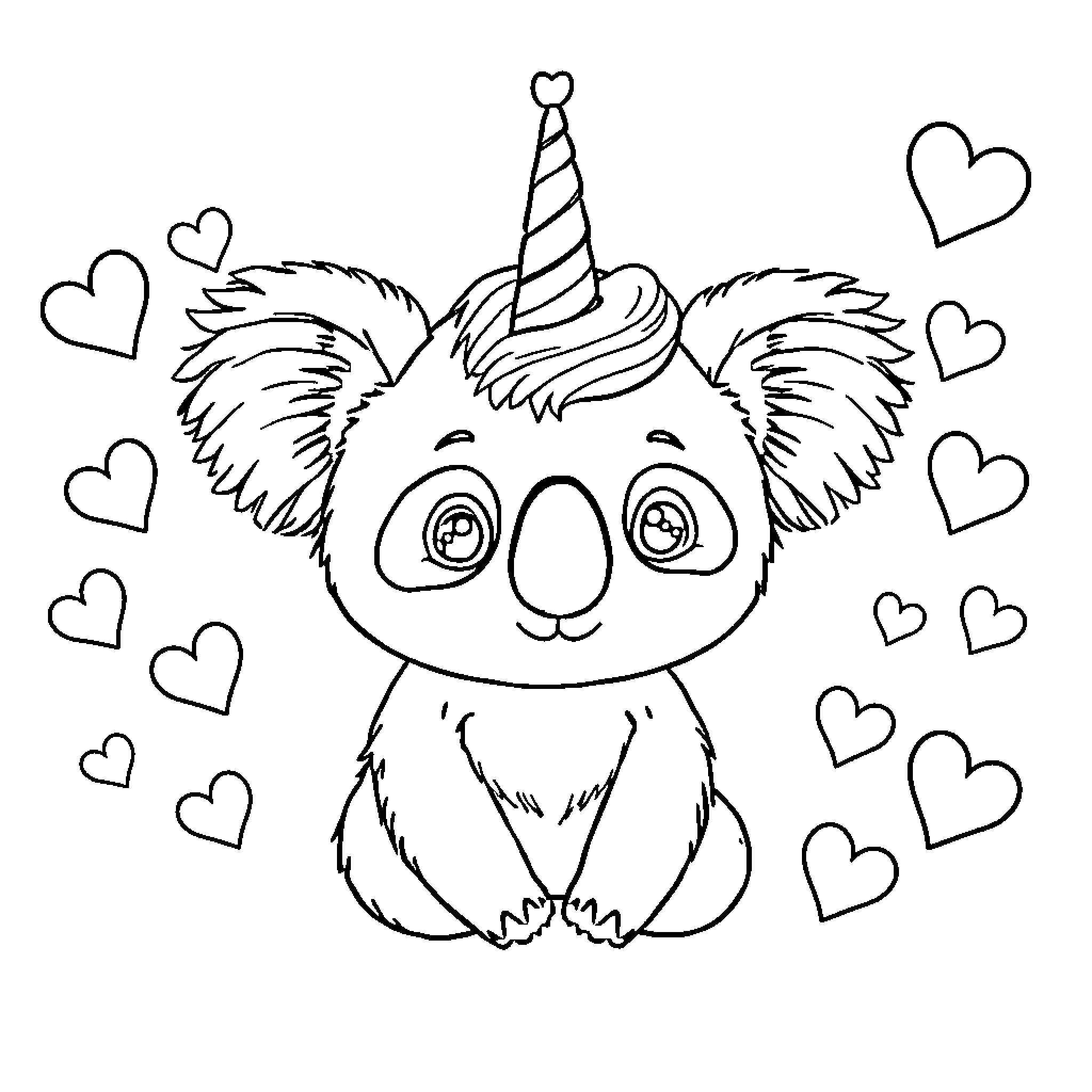 Panda with a Unicorn Horn and Hearts Coloring Page (free black-and-white line drawing printable PDF for all, from beginners to advanced learners, including children, teens, adults, and seniors)
