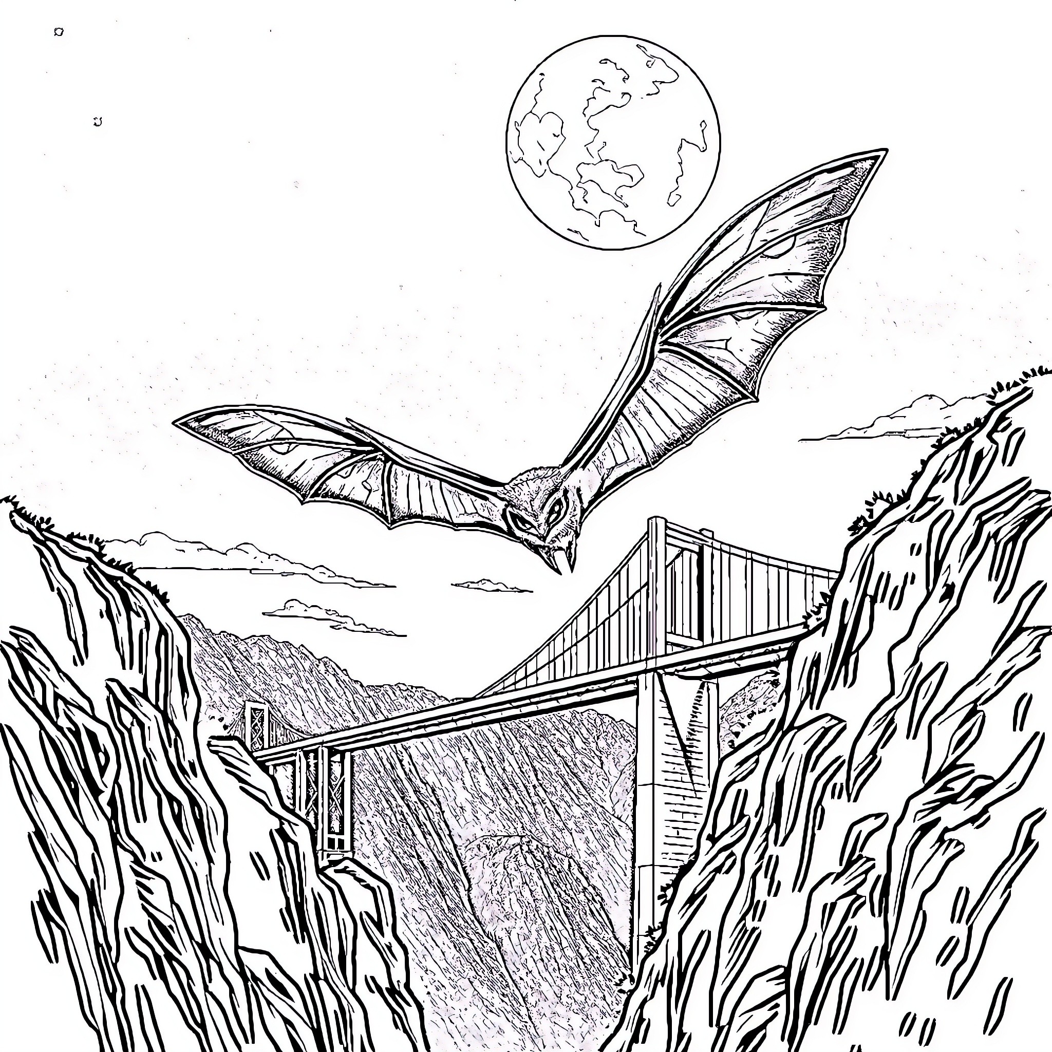 Mothman soaring over a mountainous landscape Coloring Page (free black-and-white line drawing printable PDF for all, from beginners to advanced learners, including children, teens, adults, and seniors)