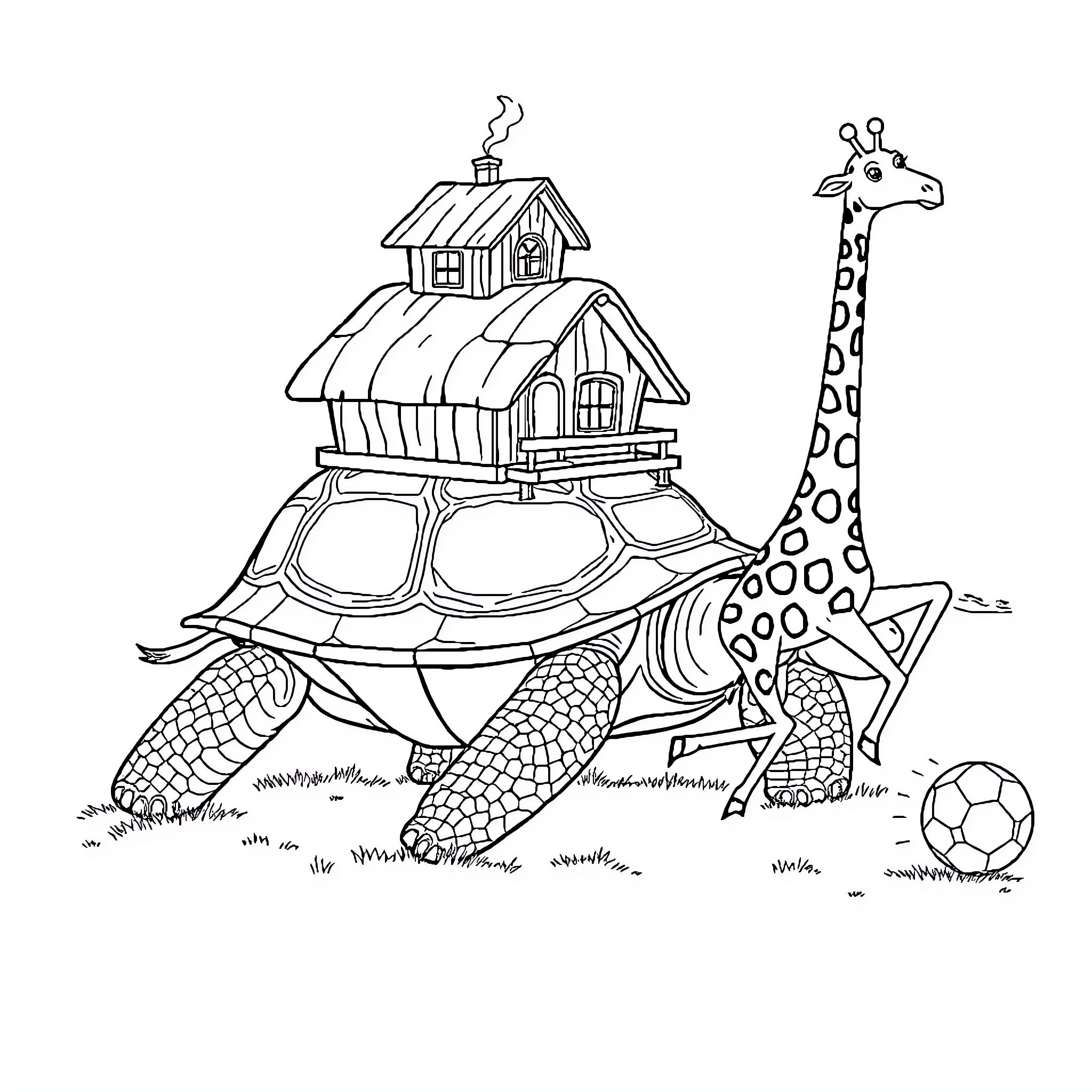 Turtle carrying a small house on its back Coloring Page (free black-and-white line drawing printable PDF for all, from beginners to advanced learners, including children, teens, adults, and seniors)