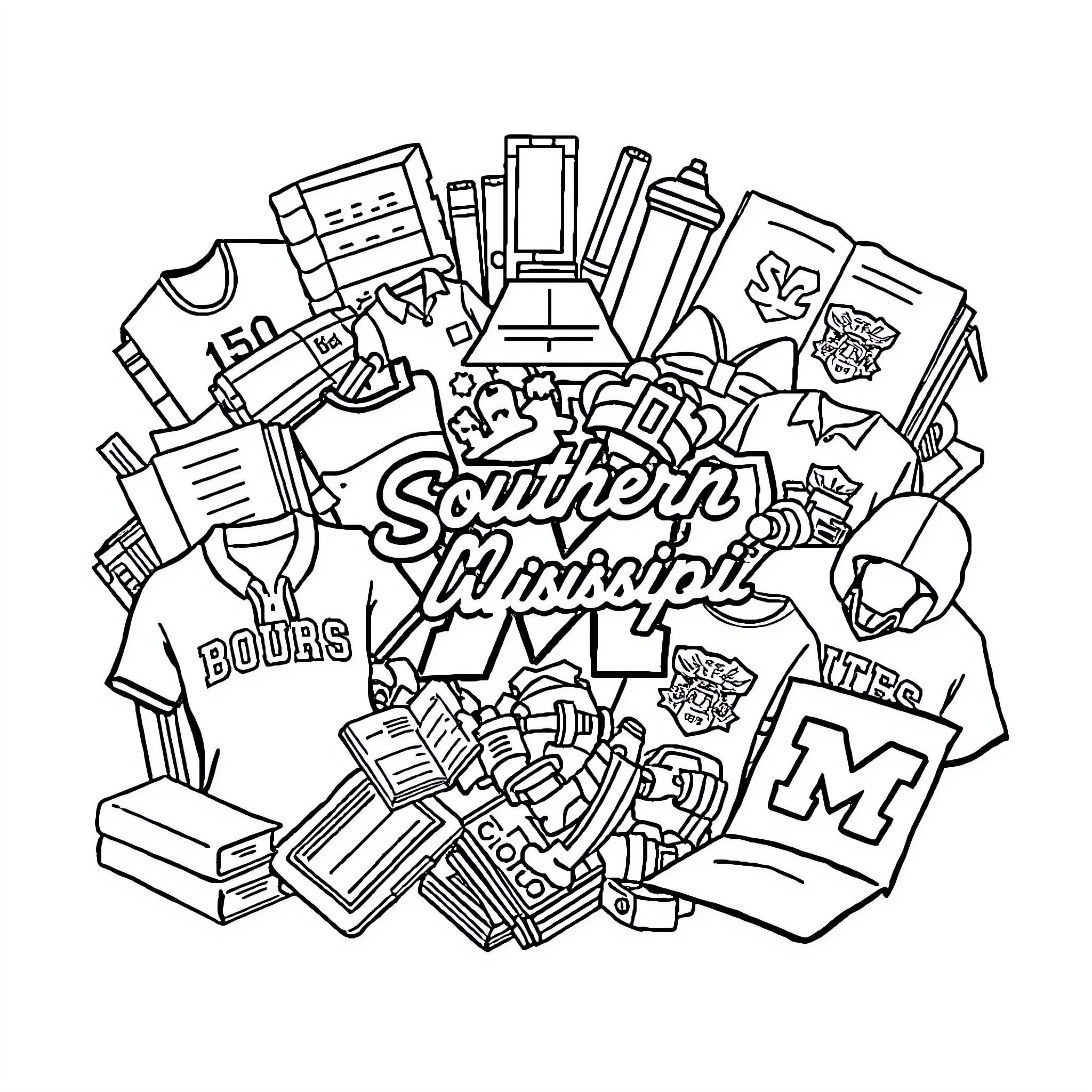 University of Southern Mississippi Campus Life and Culture Coloring Page (free black-and-white line drawing printable PDF for all, from beginners to advanced learners, including children, teens, adults, and seniors)