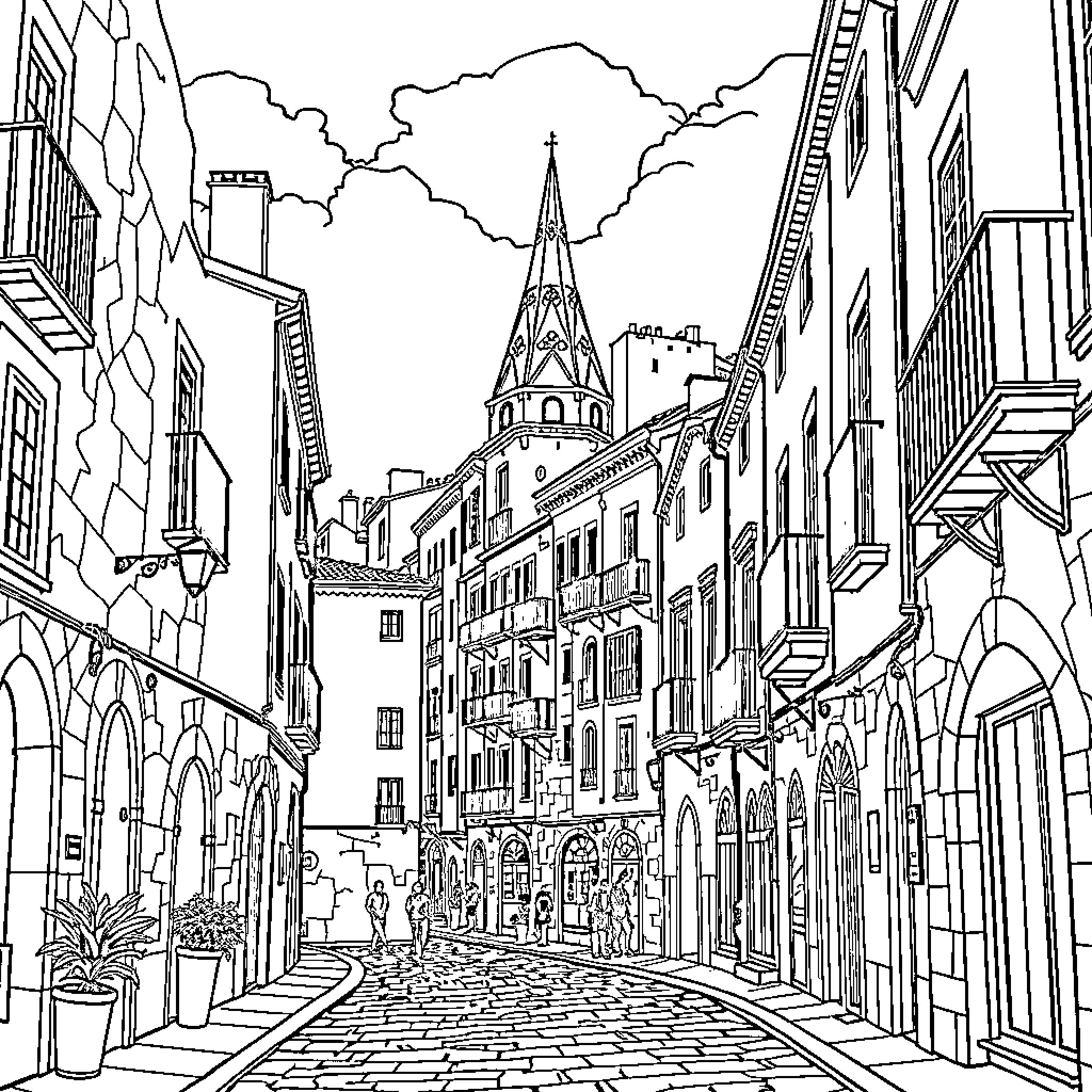 Girona's Historic Street with Architectural Wonders Coloring Page (free black-and-white line drawing printable PDF for all, from beginners to advanced learners, including children, teens, adults, and seniors)