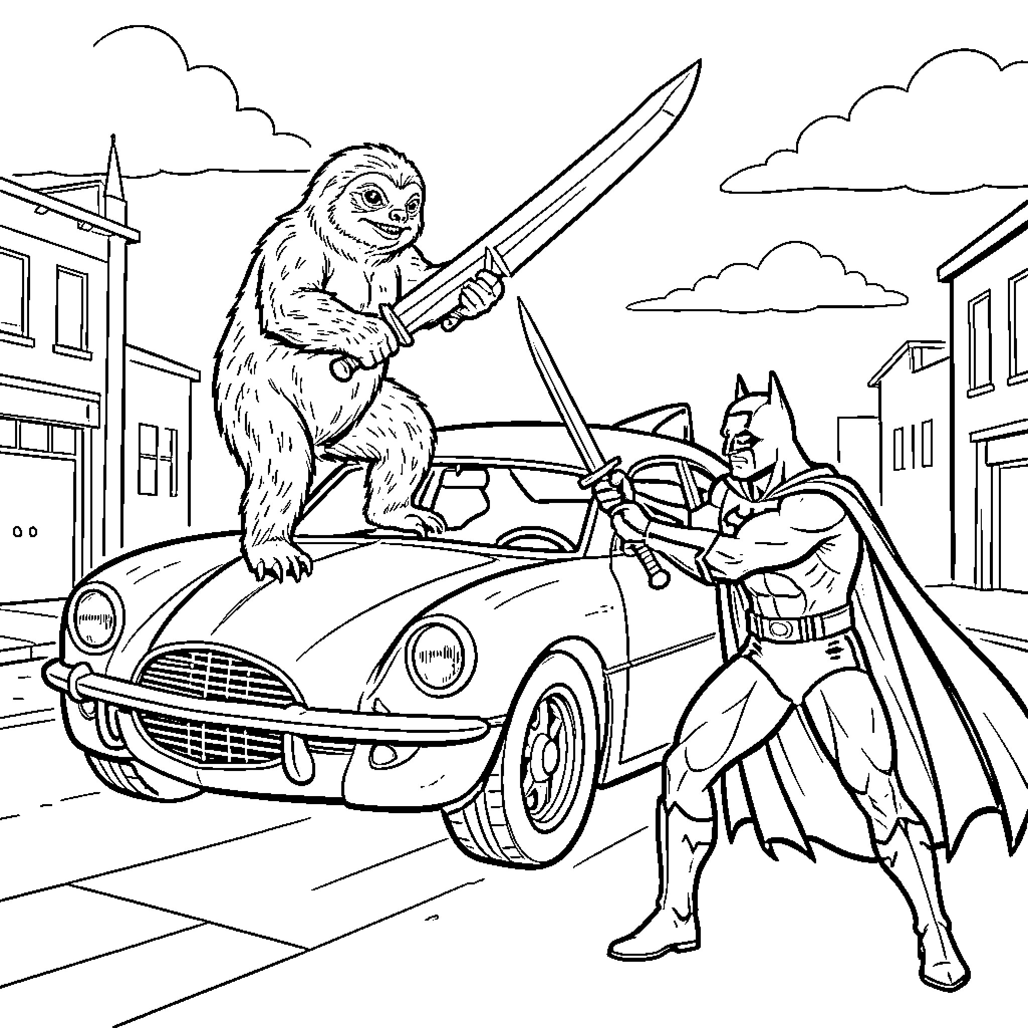 Sloth wielding a sword against a superhero on a car Coloring Page (free black-and-white line drawing printable PDF for all, from beginners to advanced learners, including children, teens, adults, and seniors)