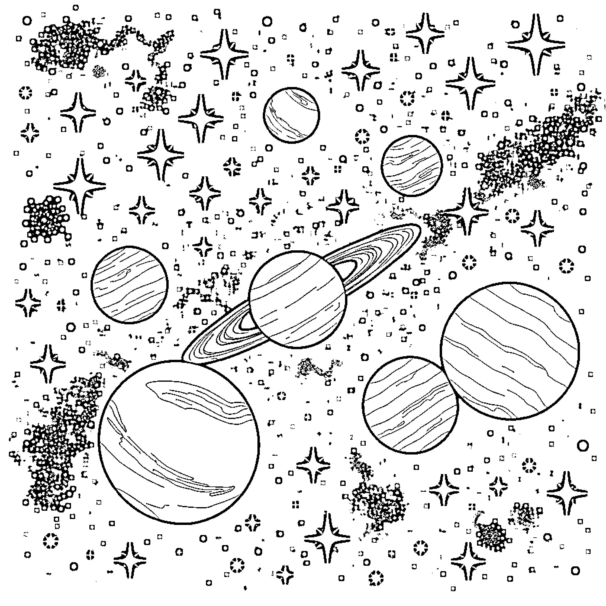 Universe of Celestial Wonders Coloring Page (free black-and-white line drawing printable PDF for all, from beginners to advanced learners, including children, teens, adults, and seniors)
