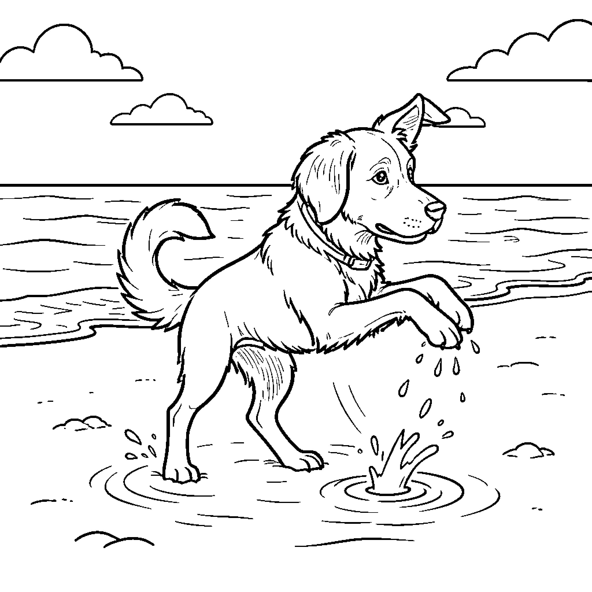 Perro jumping and playing by the ocean waves Coloring Page (free black-and-white line drawing printable PDF for all, from beginners to advanced learners, including children, teens, adults, and seniors)