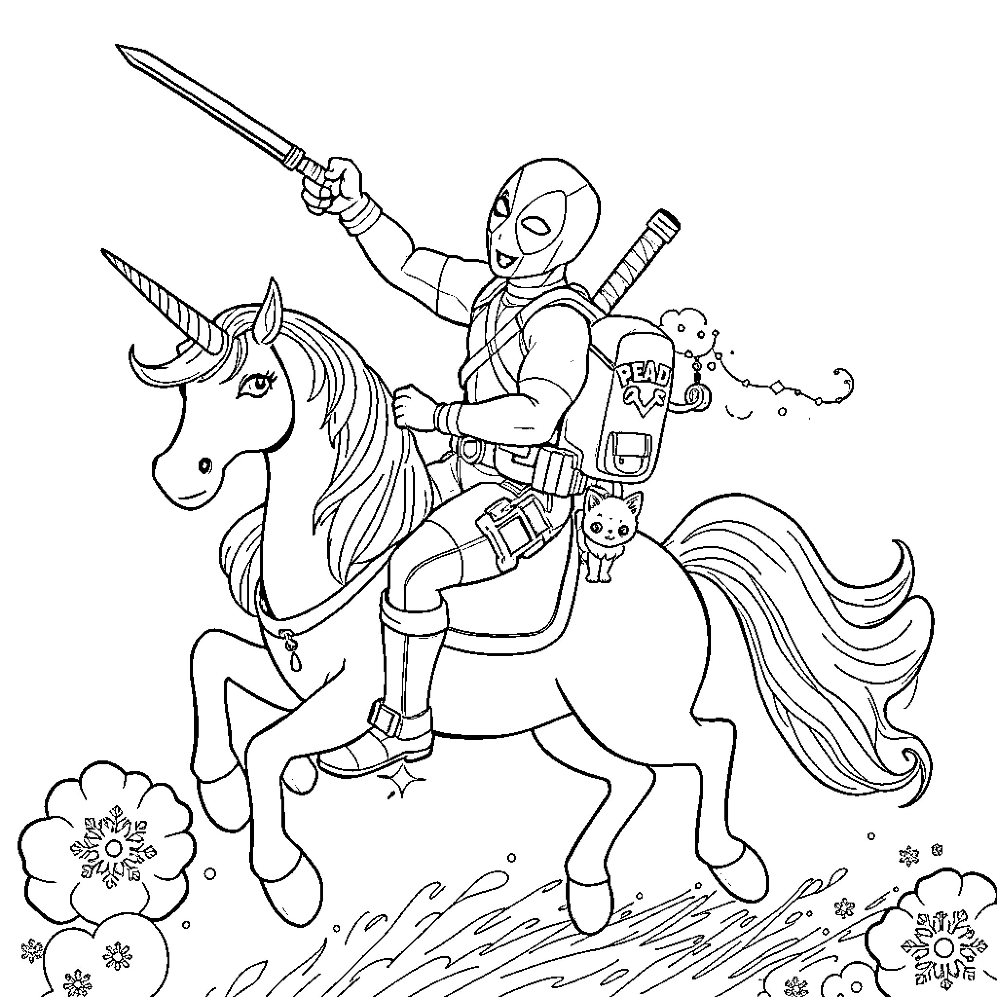 Deadpool riding a unicorn and wielding a sword Coloring Page (free black-and-white line drawing printable PDF for all, from beginners to advanced learners, including children, teens, adults, and seniors)