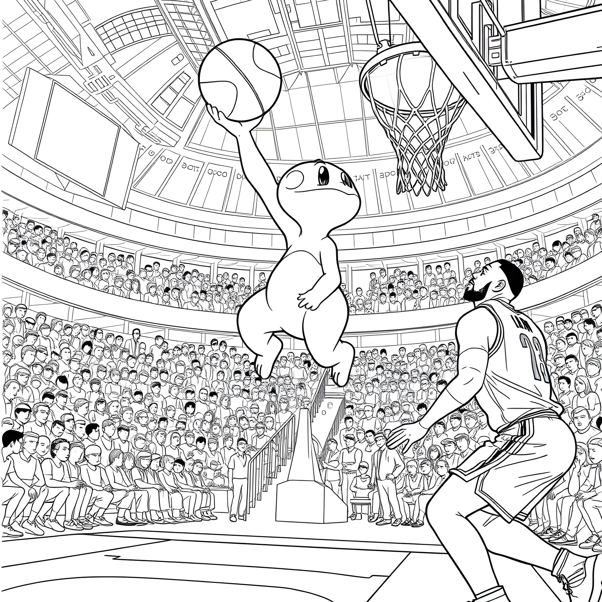Poliwhirl playing basketball in a crowded arena Coloring Page (free black-and-white line drawing printable PDF for all, from beginners to advanced learners, including children, teens, adults, and seniors)