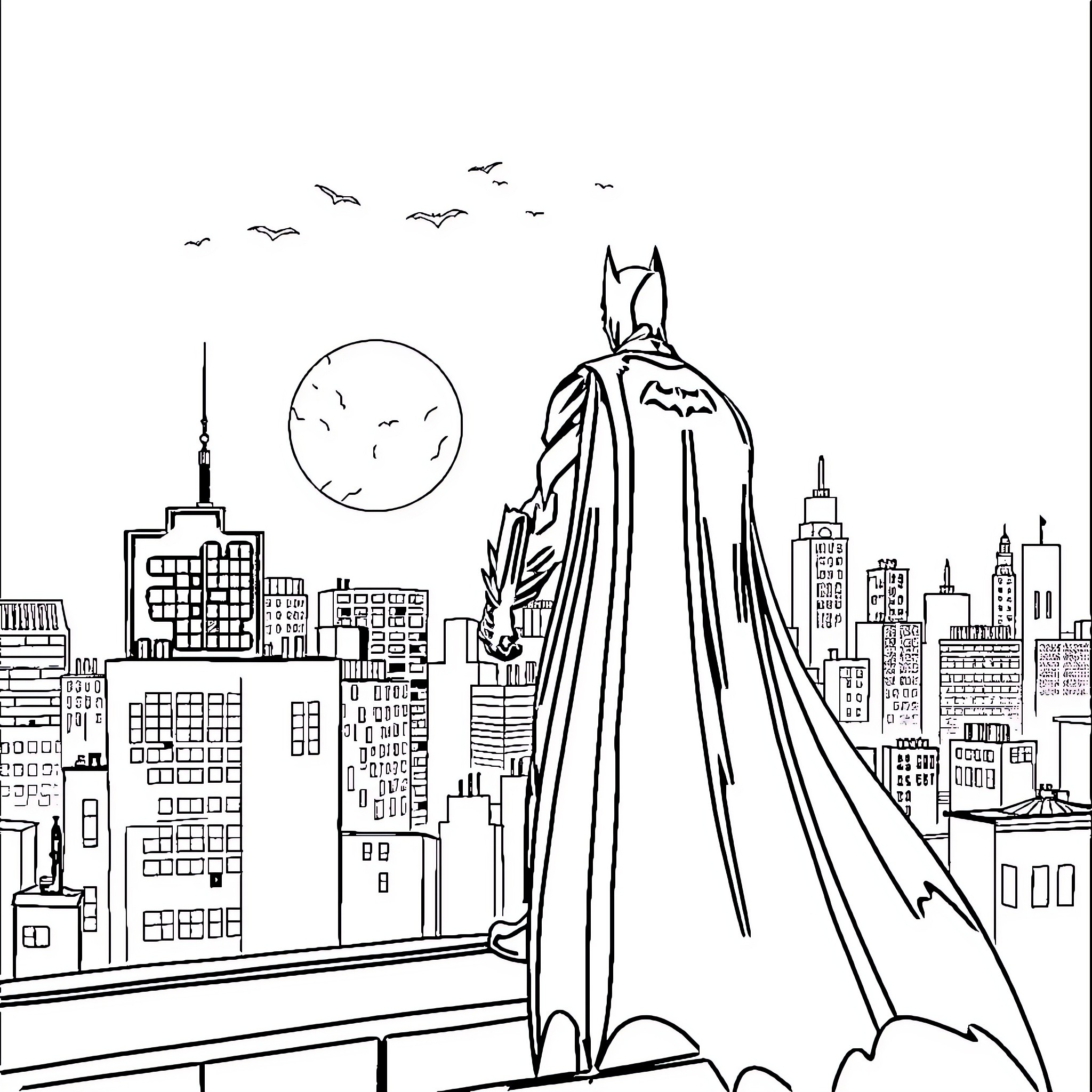 Batman surveying the city skyline at night Coloring Page (free black-and-white line drawing printable PDF for all, from beginners to advanced learners, including children, teens, adults, and seniors)