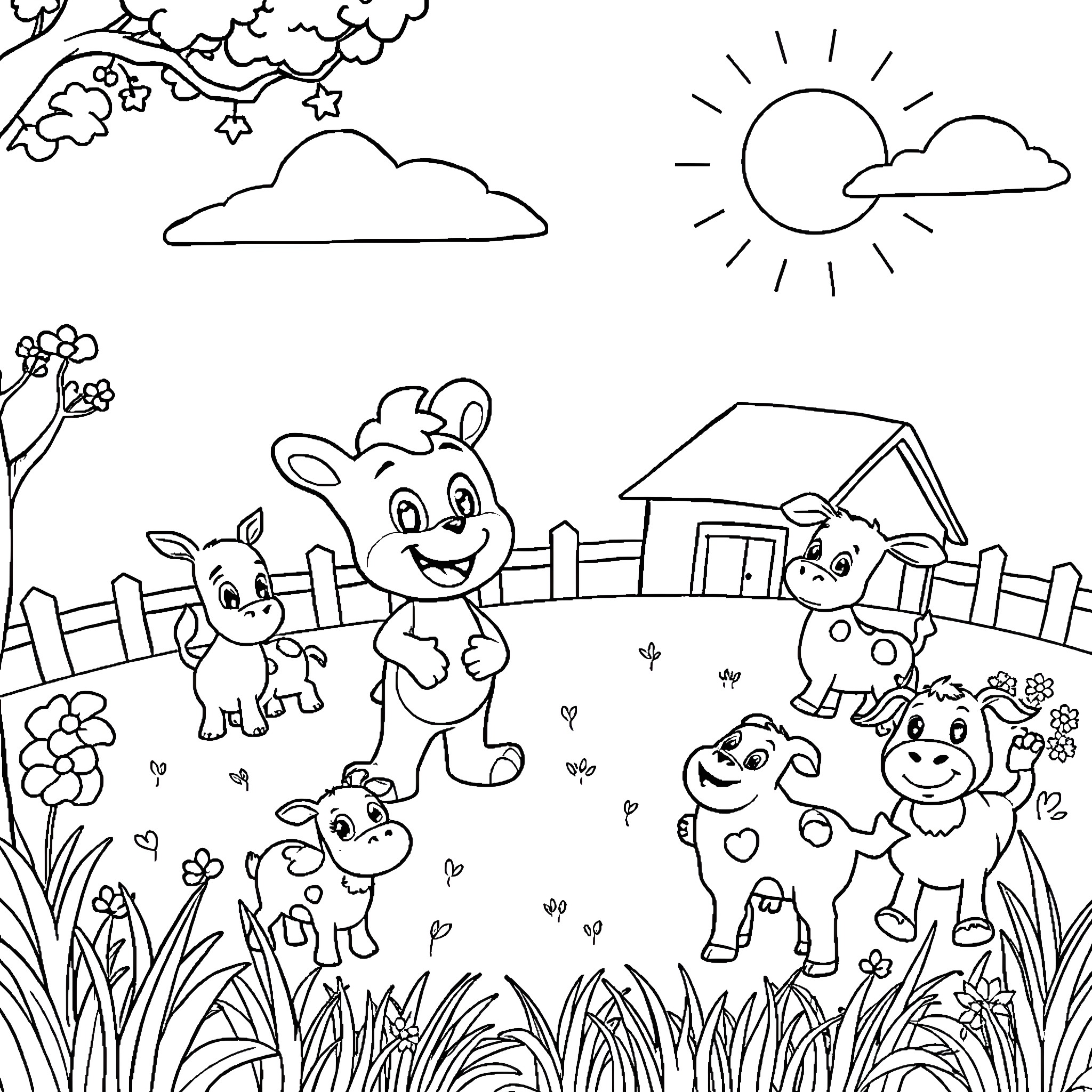 Bluey's Playful Adventure on the Farm Coloring Page (free black-and-white line drawing printable PDF for all, from beginners to advanced learners, including children, teens, adults, and seniors)