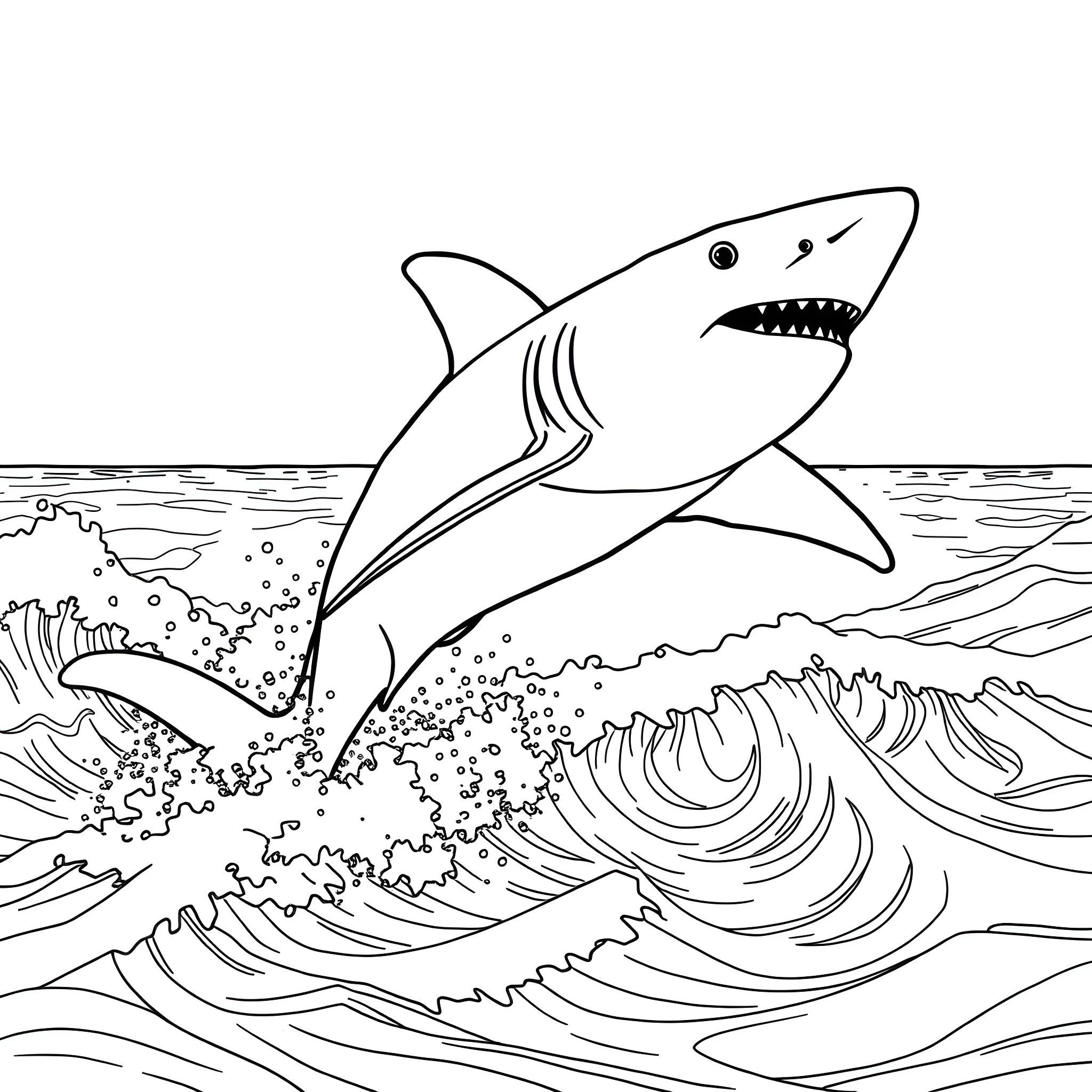 Shark jumping out of the ocean Coloring Page (free black-and-white line drawing printable PDF for all, from beginners to advanced learners, including children, teens, adults, and seniors)