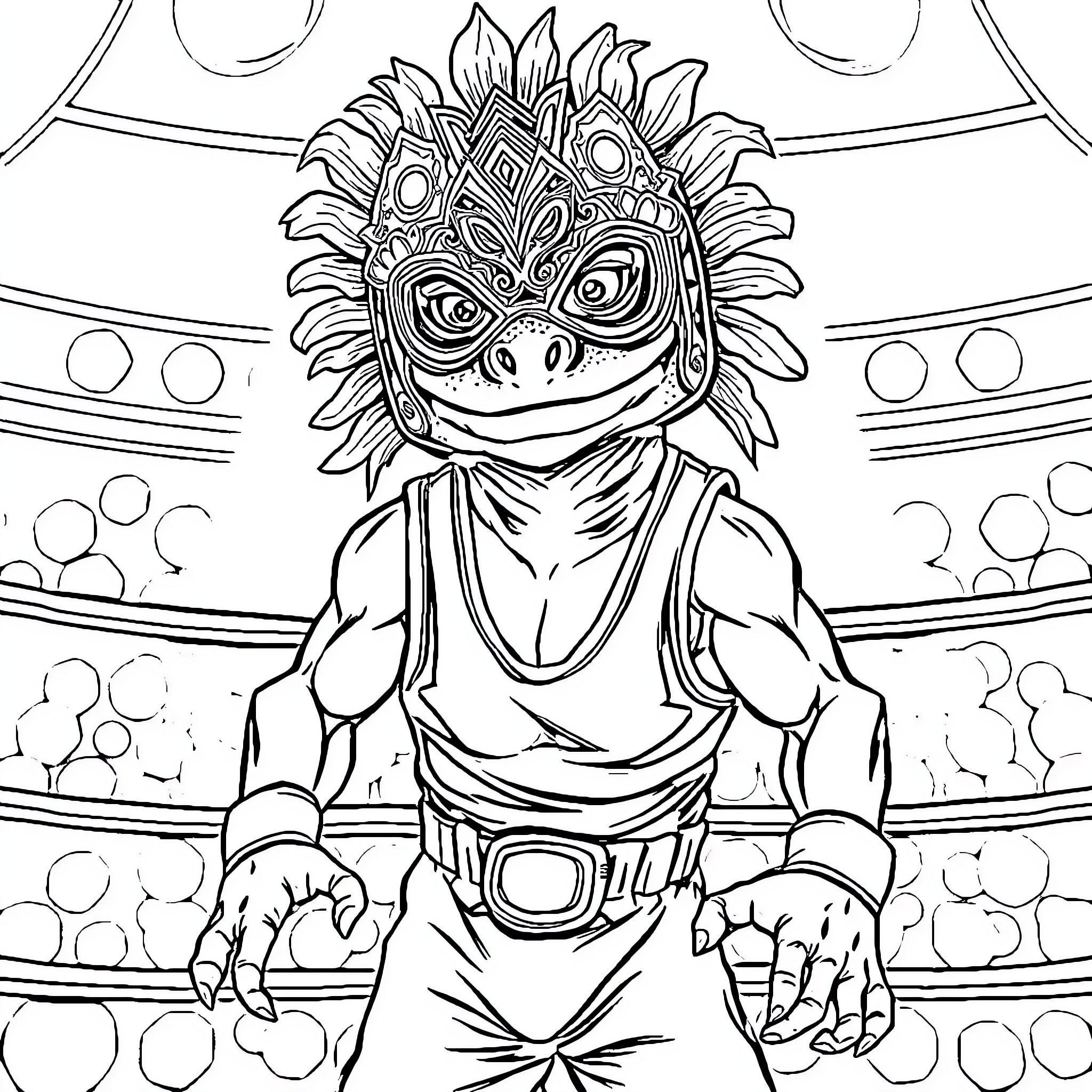Luchador in vibrant costume dominates wrestling ring Coloring Page (free black-and-white line drawing printable PDF for all, from beginners to advanced learners, including children, teens, adults, and seniors)