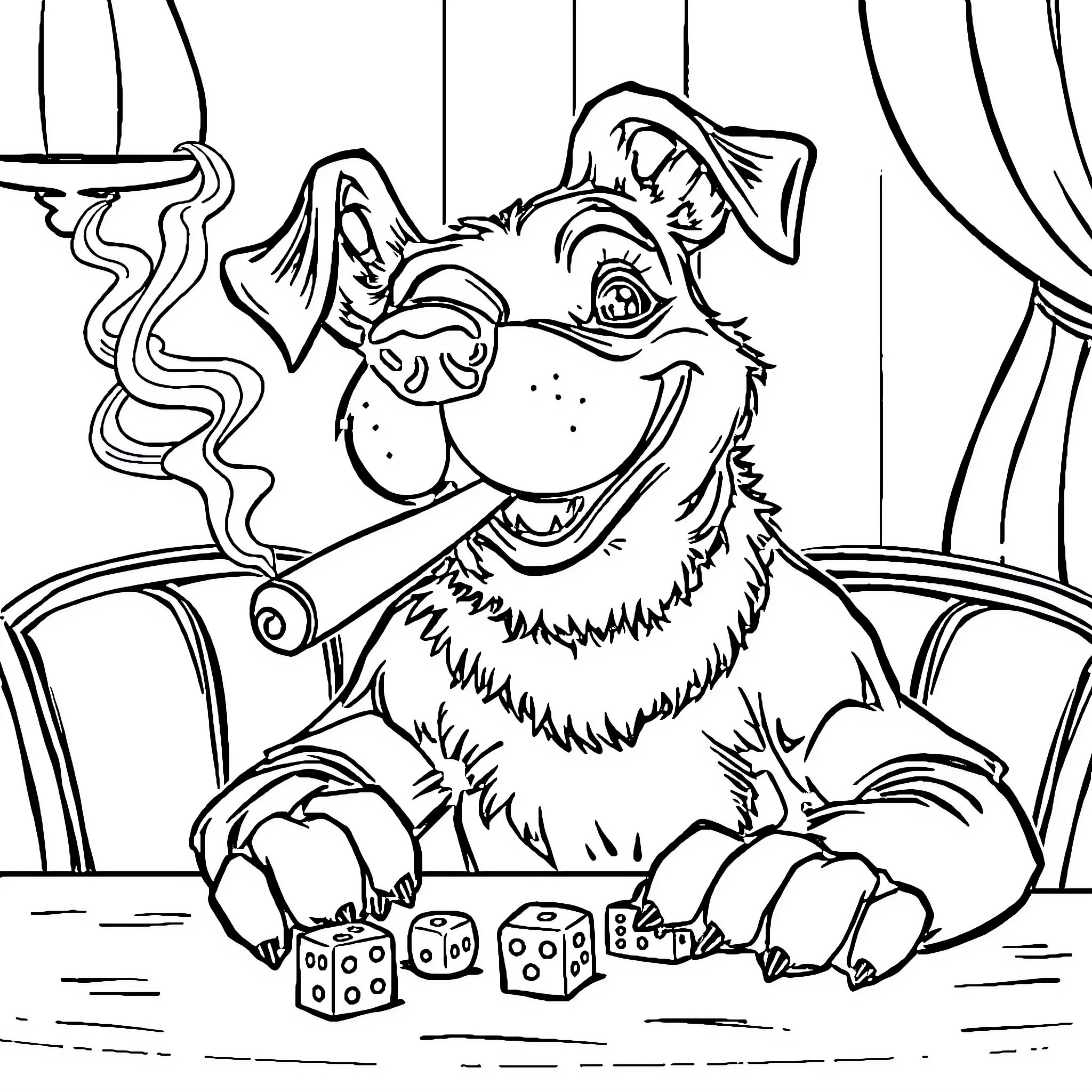 Dog playing with dice on a table Coloring Page (free black-and-white line drawing printable PDF for all, from beginners to advanced learners, including children, teens, adults, and seniors)