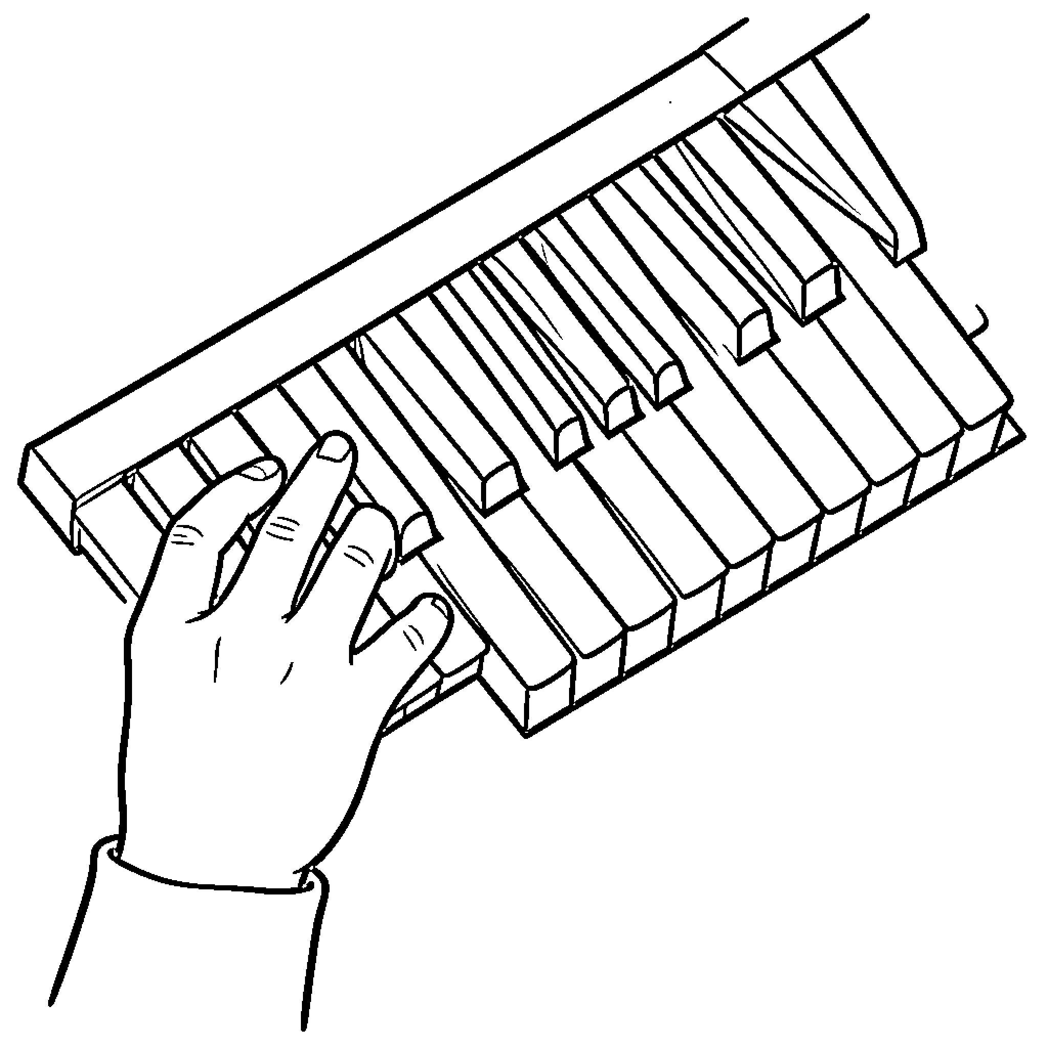 Piano being played by a person's hand Coloring Page (free black-and-white line drawing printable PDF for all, from beginners to advanced learners, including children, teens, adults, and seniors)
