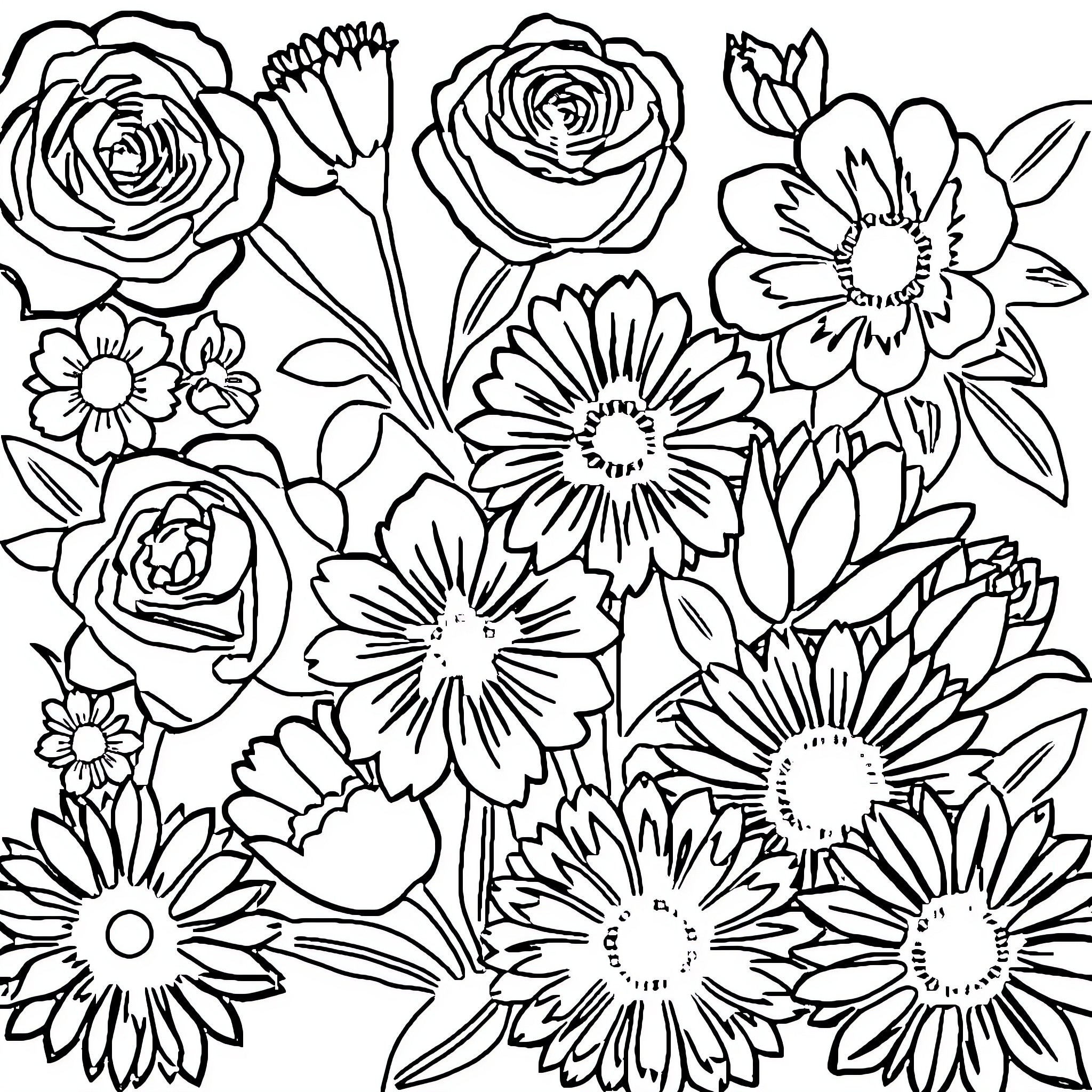 Flower bouquet with vibrant blooms Coloring Page (free black-and-white line drawing printable PDF for all, from beginners to advanced learners, including children, teens, adults, and seniors)