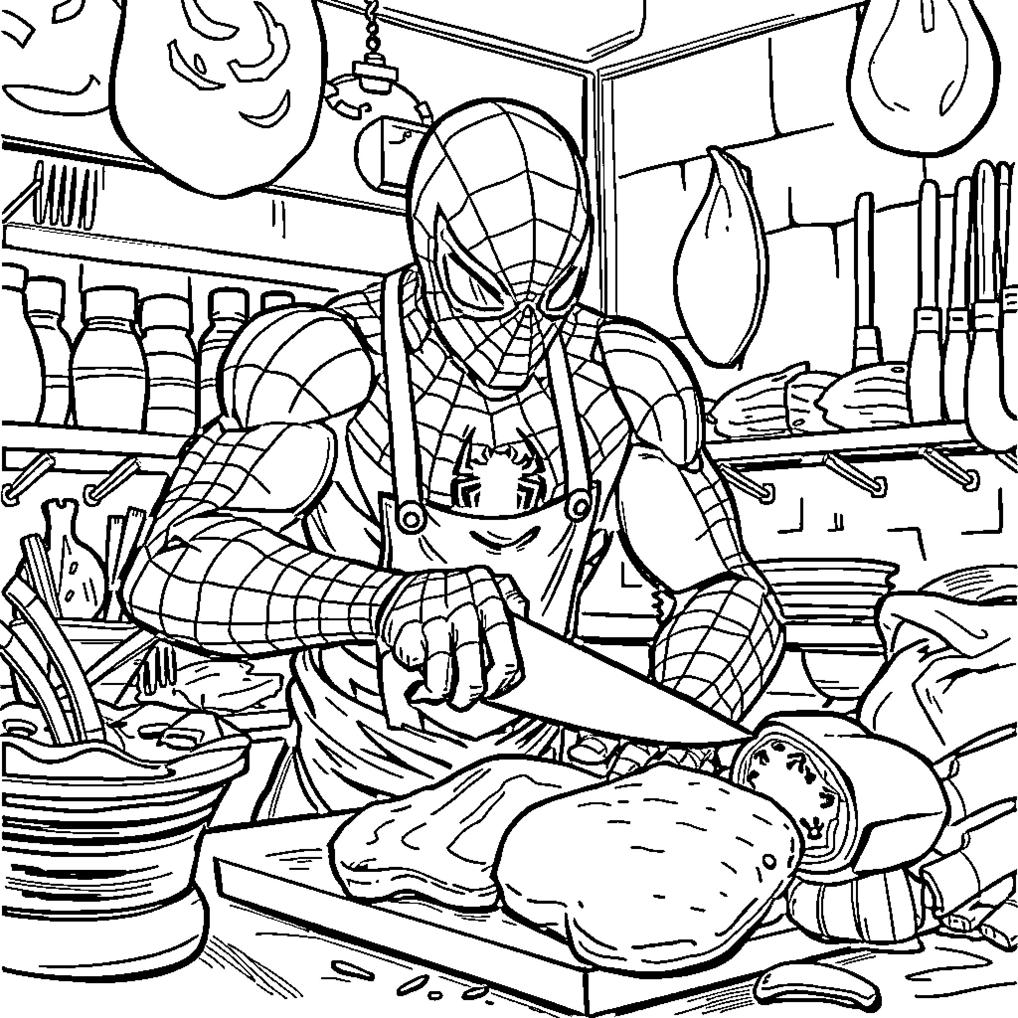 Spiderman inspecting injured individual in workshop Coloring Page (free black-and-white line drawing printable PDF for all, from beginners to advanced learners, including children, teens, adults, and seniors)