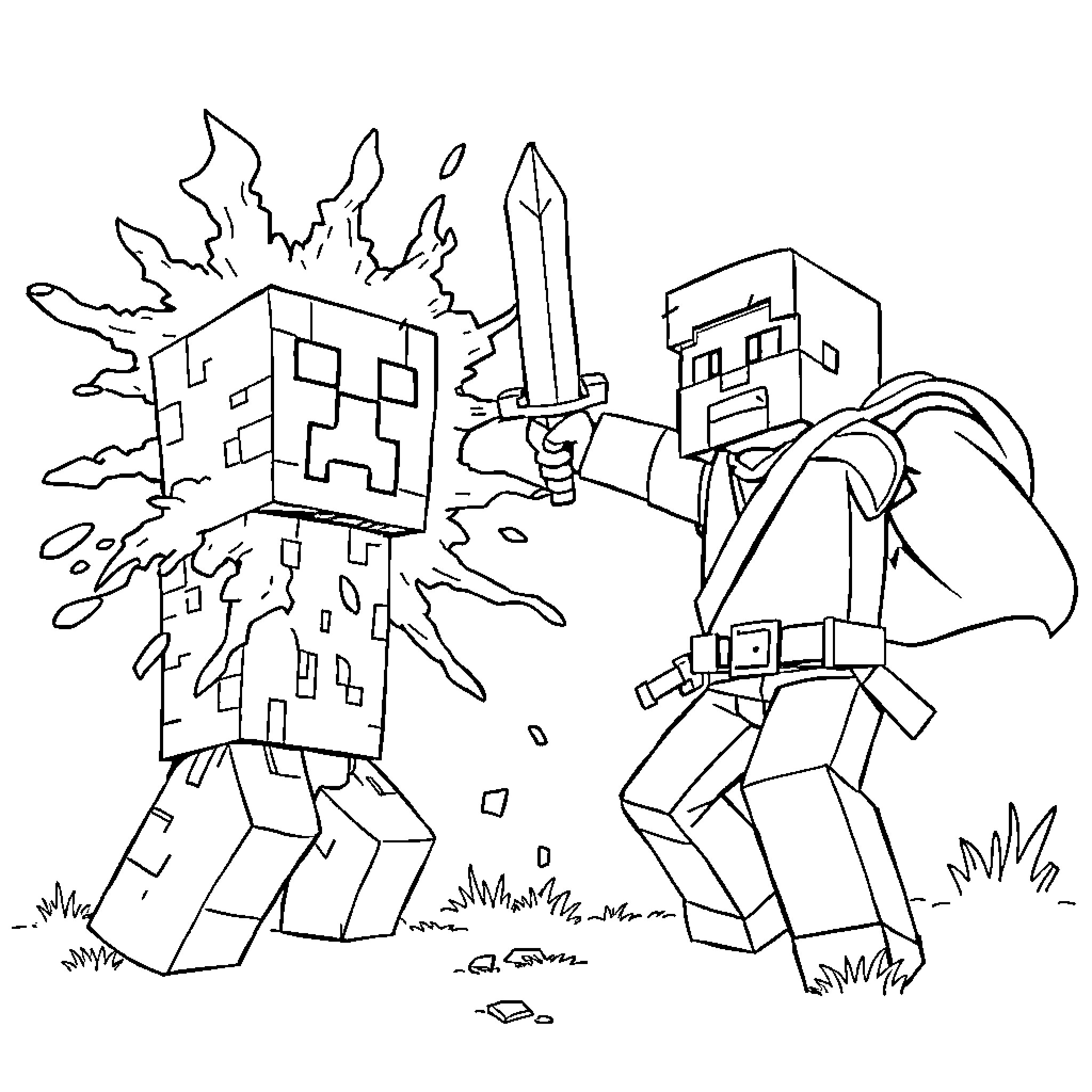 Creeper confronted by Minecraft warrior in blocky landscape Coloring Page (free black-and-white line drawing printable PDF for all, from beginners to advanced learners, including children, teens, adults, and seniors)
