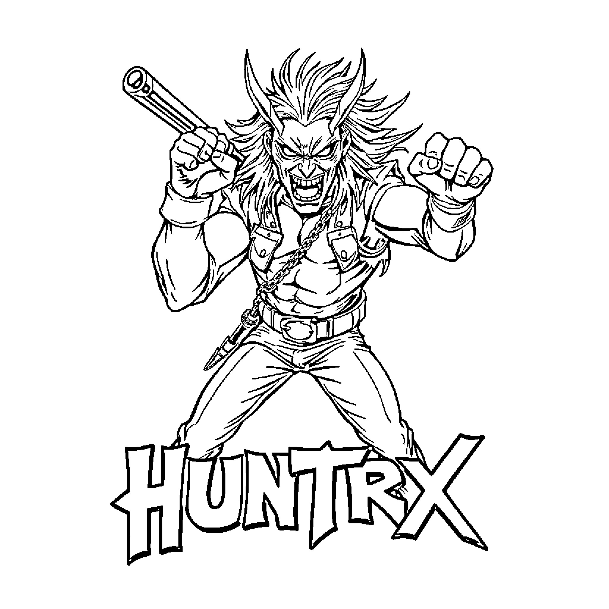 Huntrix - Heroic Warrior Brandishing Weapons Coloring Page (free black-and-white line drawing printable PDF for all, from beginners to advanced learners, including children, teens, adults, and seniors)