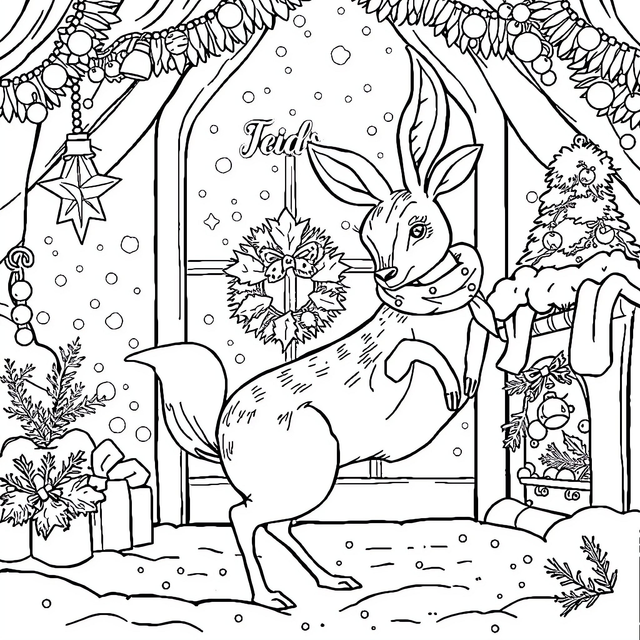 Renne's Festive Winter Wonderland Coloring Page (free black-and-white line drawing printable PDF for all, from beginners to advanced learners, including children, teens, adults, and seniors)