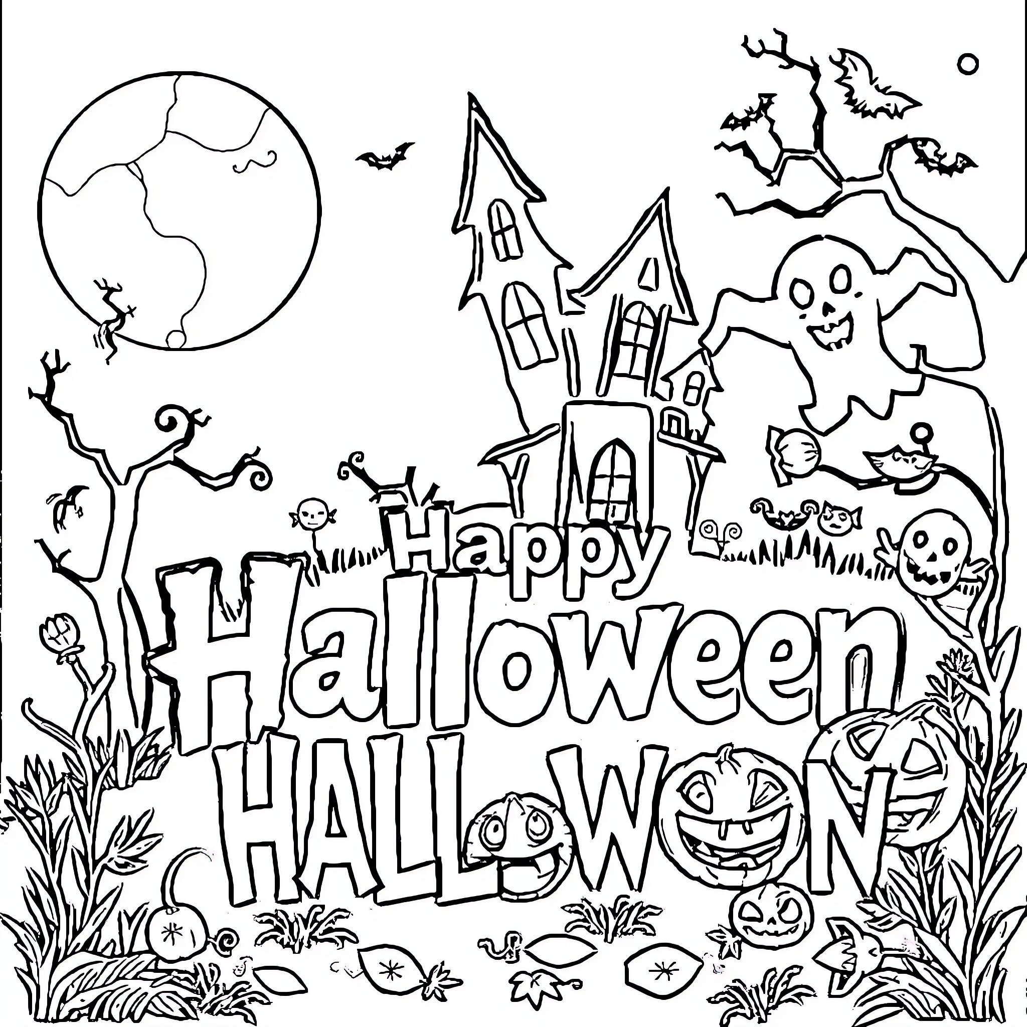 Halloween Haunted House and Spooky Creatures Celebration Coloring Page (free black-and-white line drawing printable PDF for all, from beginners to advanced learners, including children, teens, adults, and seniors)