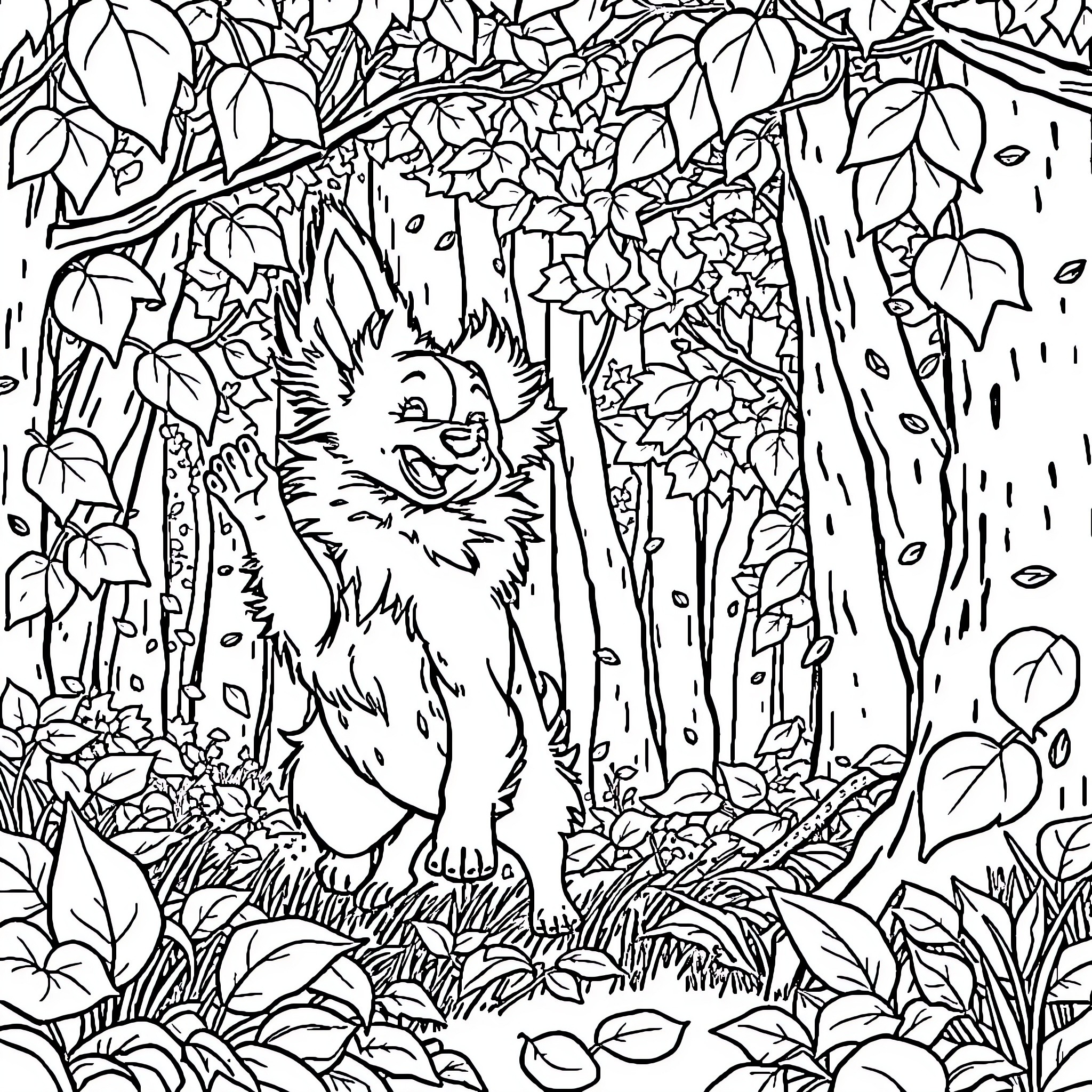 Dog exploring the enchanted forest Coloring Page (free black-and-white line drawing printable PDF for all, from beginners to advanced learners, including children, teens, adults, and seniors)