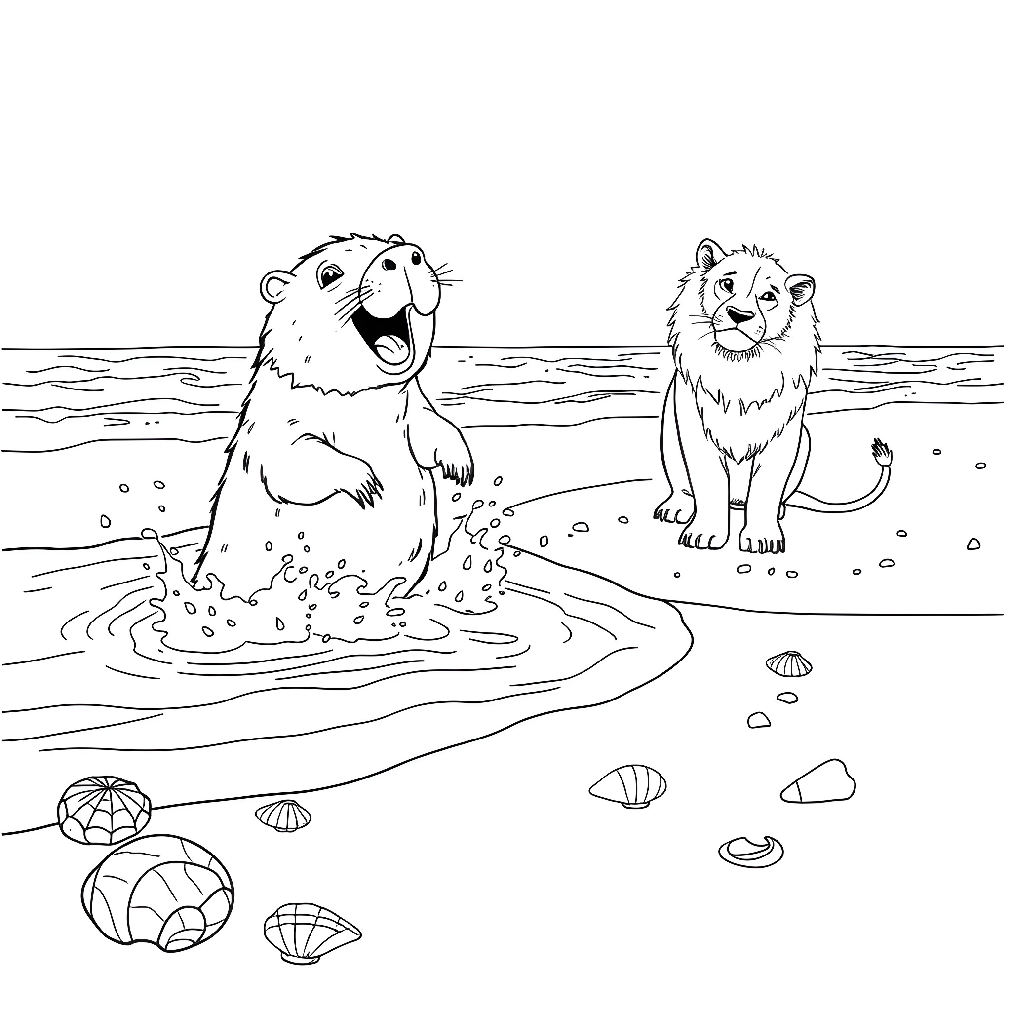 Capybara and friends playing in the water Coloring Page (free black-and-white line drawing printable PDF for all, from beginners to advanced learners, including children, teens, adults, and seniors)
