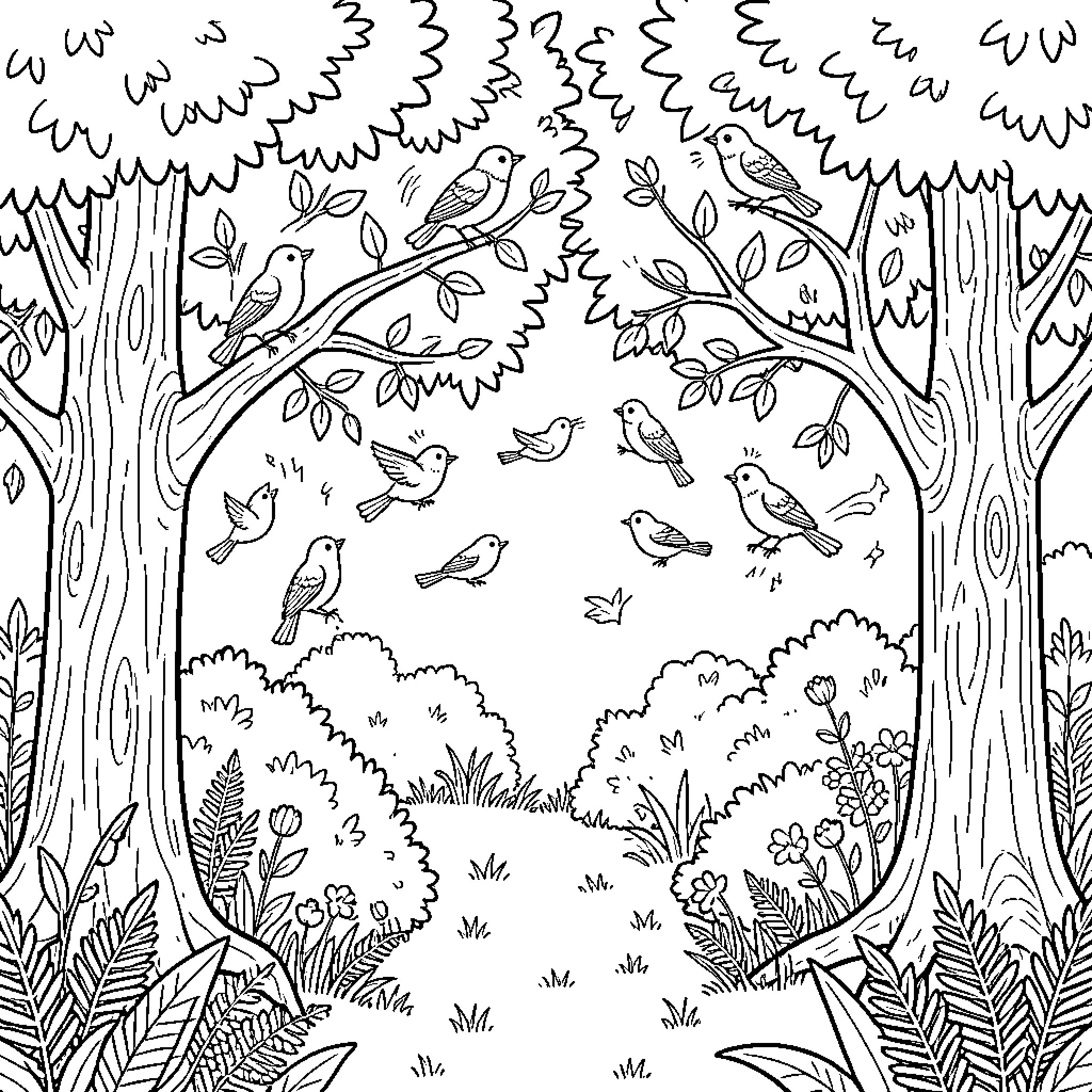 Bird flying and perching among lush forest trees Coloring Page (free black-and-white line drawing printable PDF for all, from beginners to advanced learners, including children, teens, adults, and seniors)