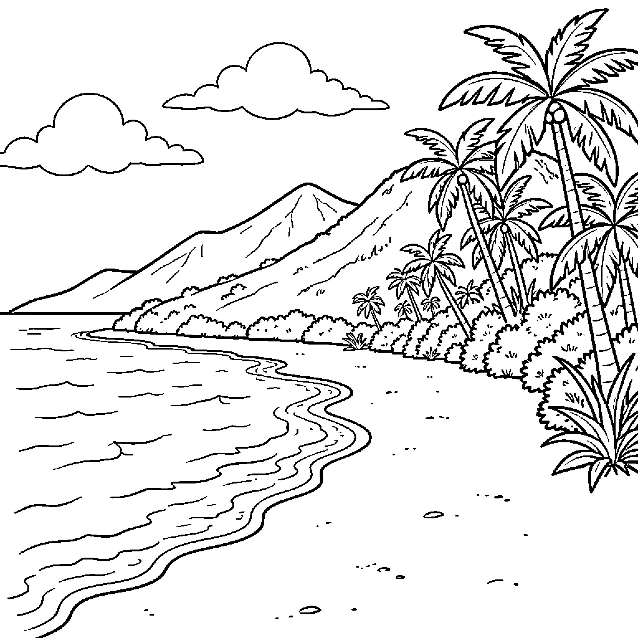 Bali tropical beach landscape with mountains and palm trees Coloring Page (free black-and-white line drawing printable PDF for all, from beginners to advanced learners, including children, teens, adults, and seniors)