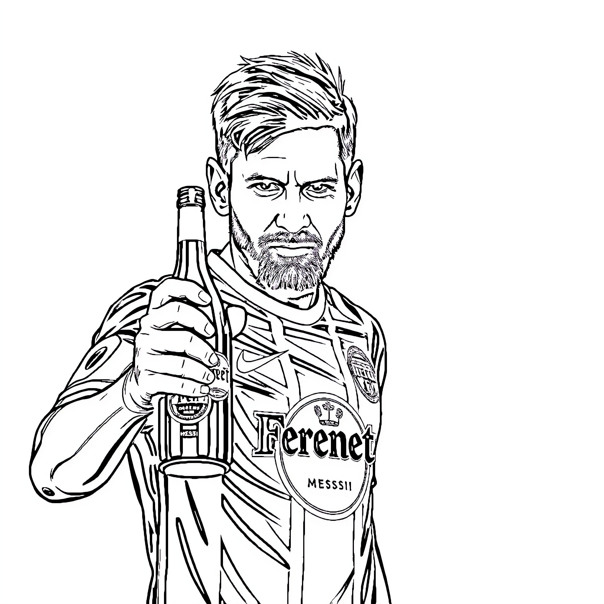 Messi holding a bottle of Perener in uniform Coloring Page (free black-and-white line drawing printable PDF for all, from beginners to advanced learners, including children, teens, adults, and seniors)