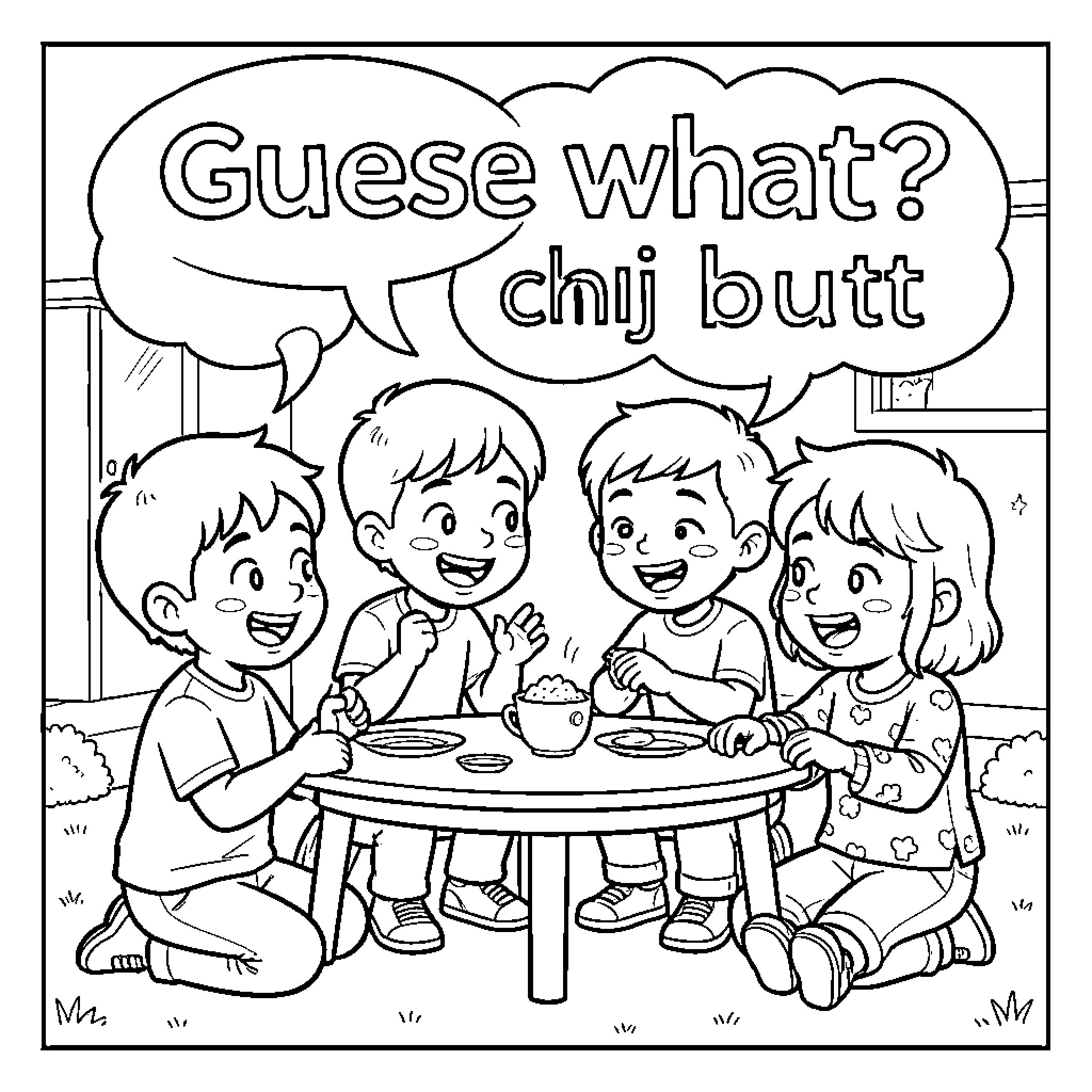Chicken friends laughing together around a small table Coloring Page (free black-and-white line drawing printable PDF for all, from beginners to advanced learners, including children, teens, adults, and seniors)