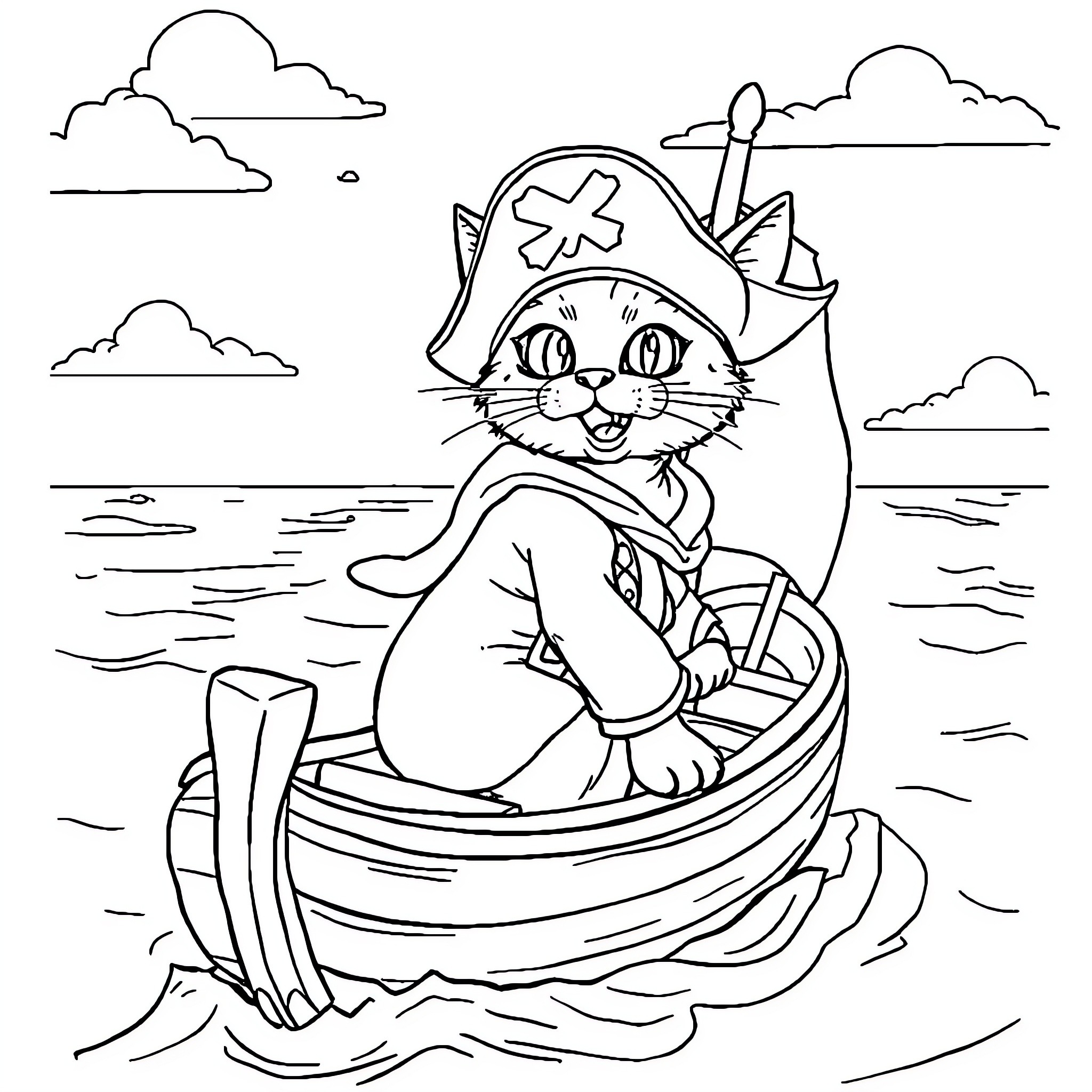 Cat Pirate Sailing on a Boat Coloring Page (free black-and-white line drawing printable PDF for all, from beginners to advanced learners, including children, teens, adults, and seniors)