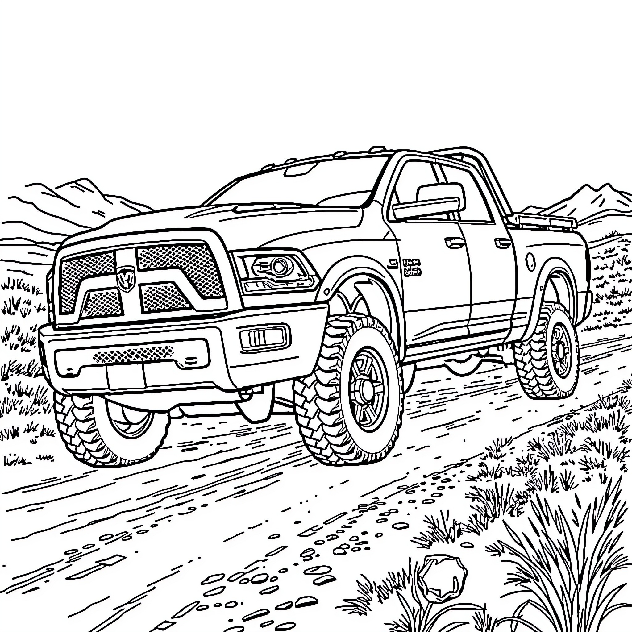 Ram Truck Off-Road Adventure Coloring Page (free black-and-white line drawing printable PDF for all, from beginners to advanced learners, including children, teens, adults, and seniors)