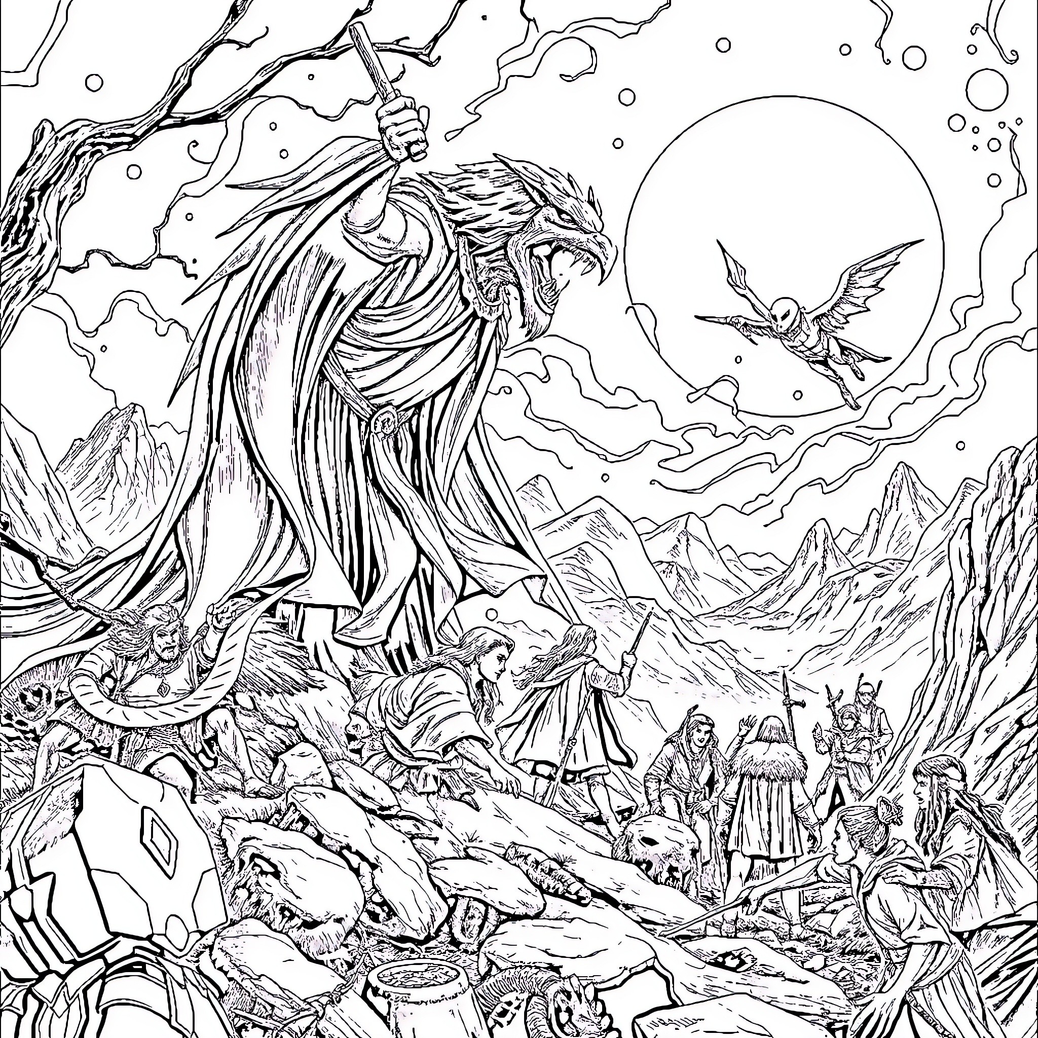 Lord of the Rings: Epic Fantasy Landscape with Ethereal Figures Coloring Page (free black-and-white line drawing printable PDF for all, from beginners to advanced learners, including children, teens, adults, and seniors)