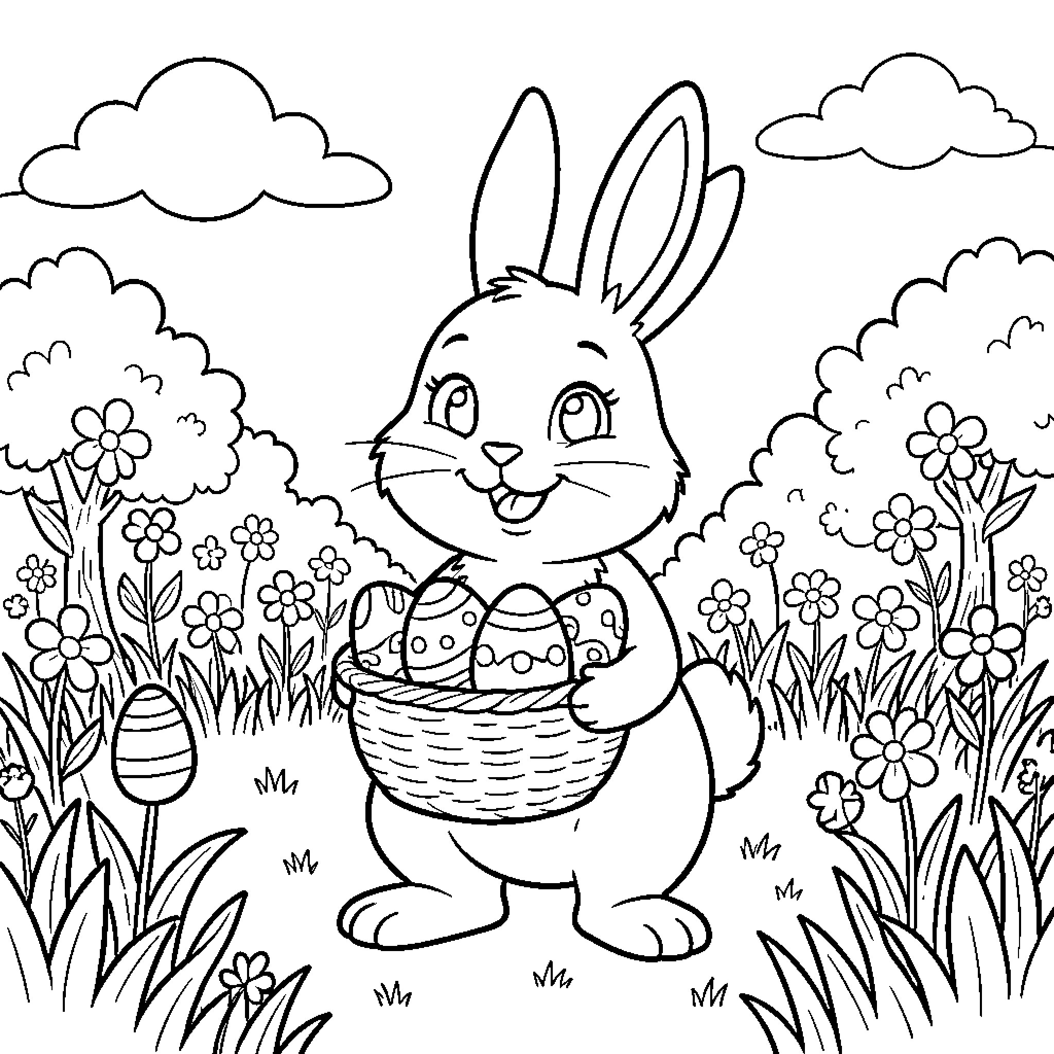 Bunny with Easter basket in blooming garden Coloring Page (free black-and-white line drawing printable PDF for all, from beginners to advanced learners, including children, teens, adults, and seniors)