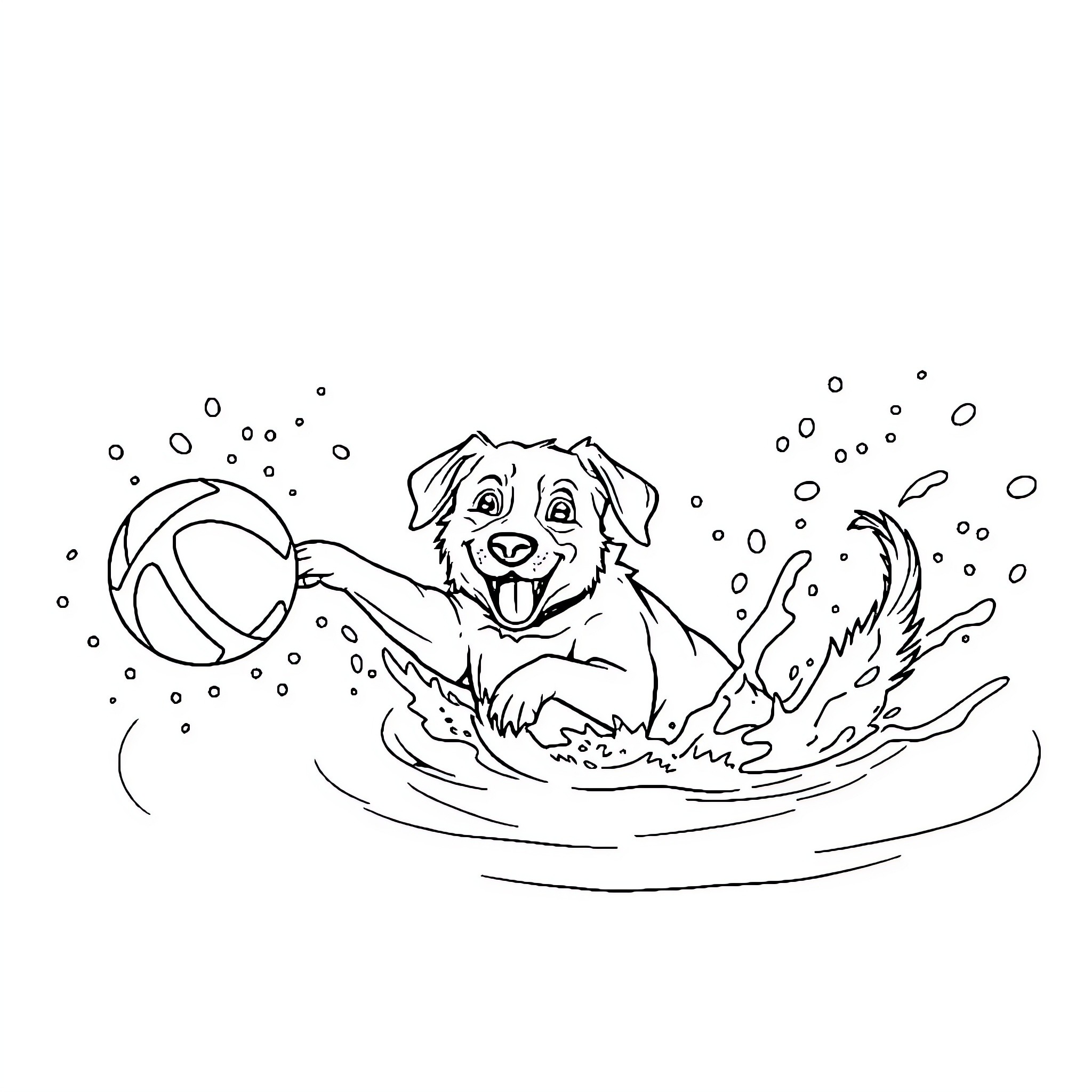 Dog playing joyfully with ball in water Coloring Page (free black-and-white line drawing printable PDF for all, from beginners to advanced learners, including children, teens, adults, and seniors)