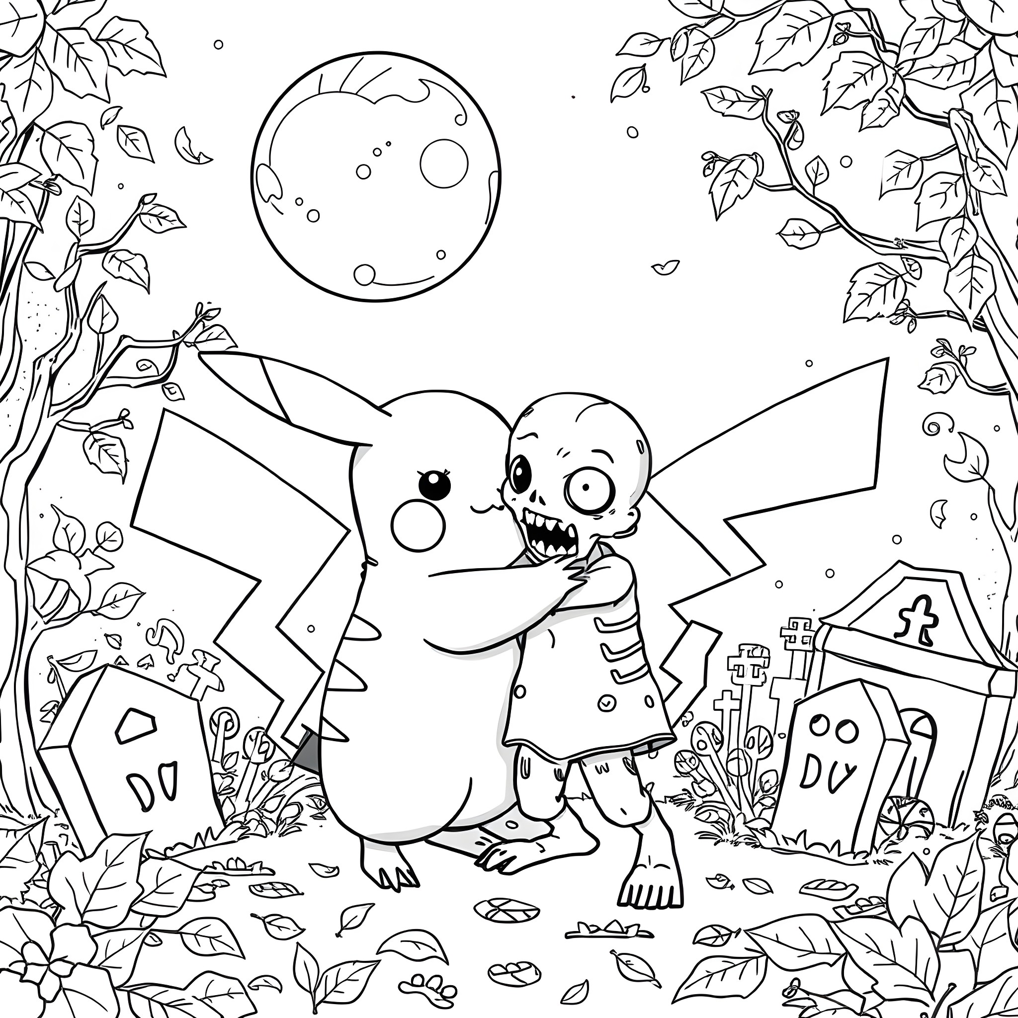 Pikachu playing with a skeleton in a spooky graveyard Coloring Page (free black-and-white line drawing printable PDF for all, from beginners to advanced learners, including children, teens, adults, and seniors)