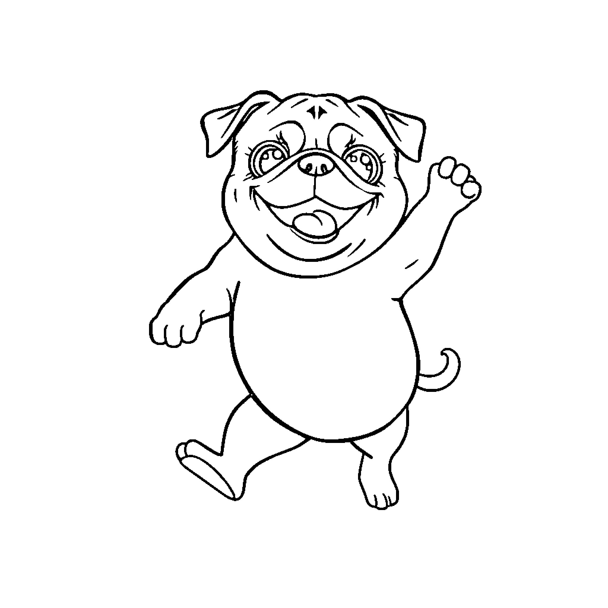 Pug happily waving and smiling Coloring Page (free black-and-white line drawing printable PDF for all, from beginners to advanced learners, including children, teens, adults, and seniors)